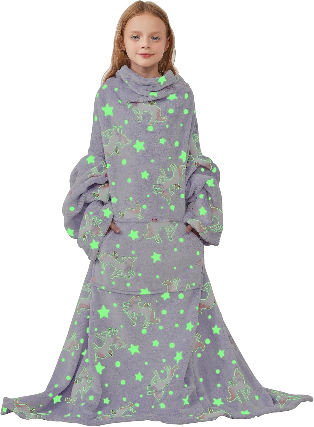 Kids Wearable Fleece Blanket with Sleeves & Foot Pocket for Kids Girls Boys, Lightweight Soft Blanket,Glow in the dark Unicorn