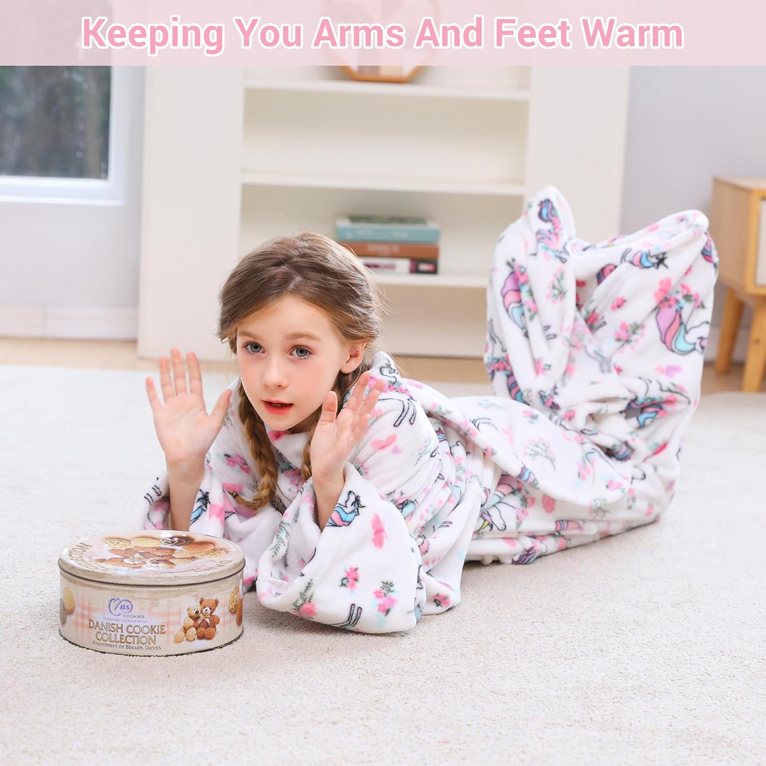 White Unicorn Kids Wearable Fleece Blanket with Sleeves & Foot Pocket