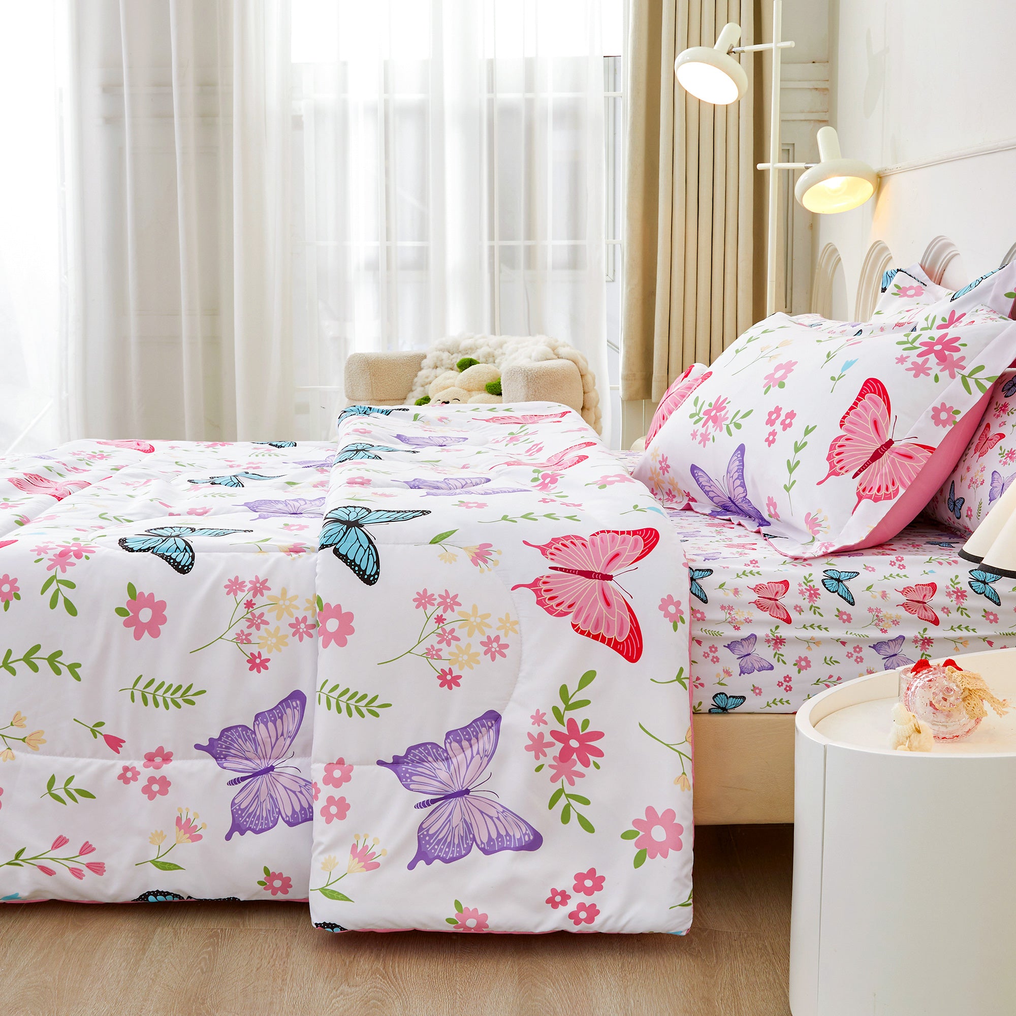 Flower Butterfly Comforter Sets for Kids– 6 or 8 Piece Options