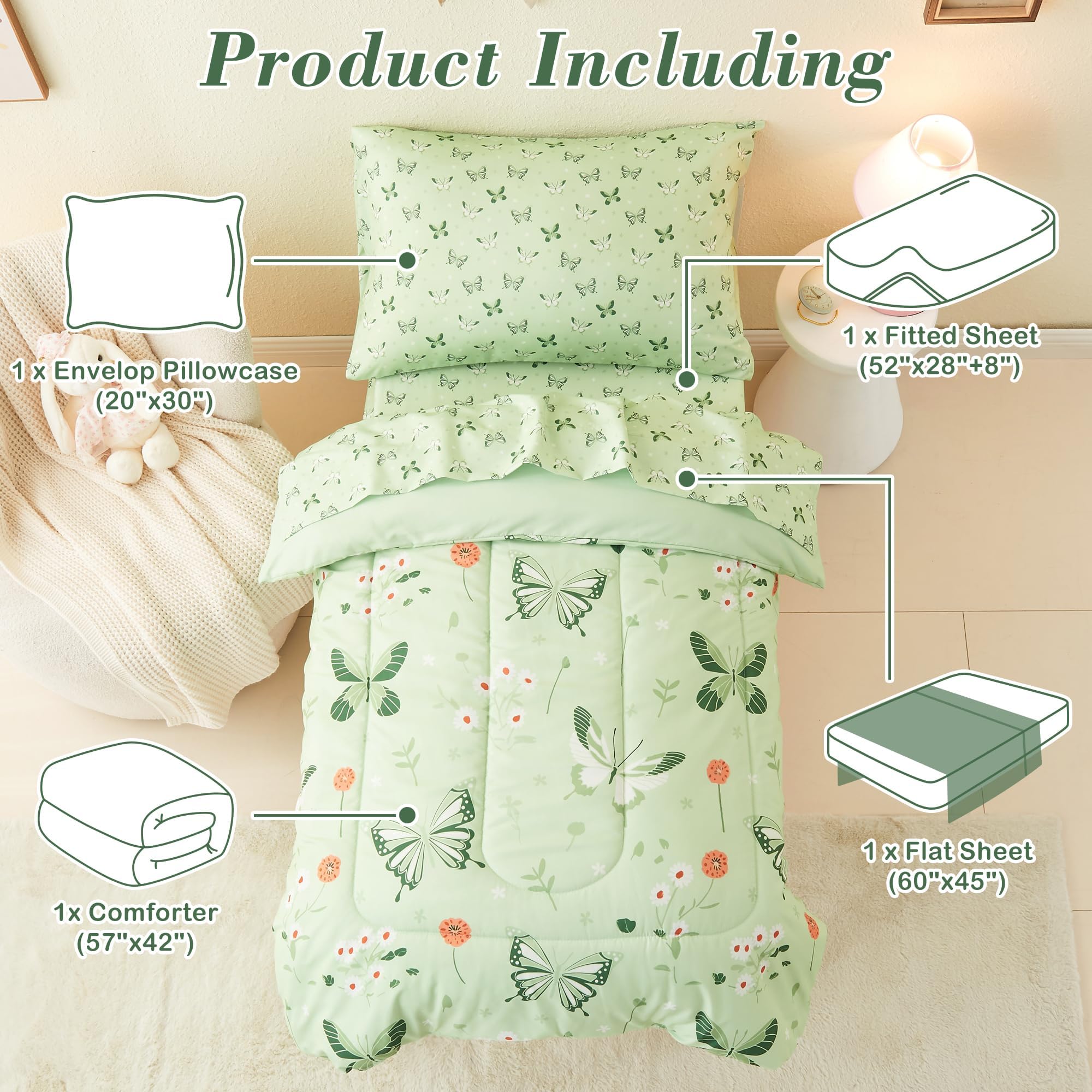 Sage Green Butterfly Toddler Comforter Set– 4 Piece