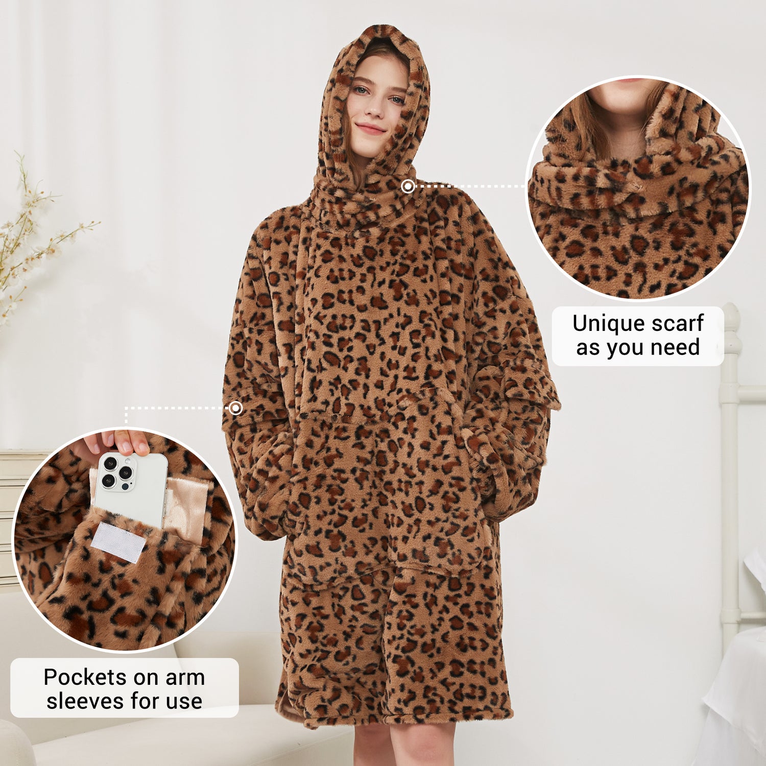 Leopard Blanket Hoodie Oversized Super Soft Warm Giant Pullover with Large Front Pocket,Gifts for Women Men Teenagers