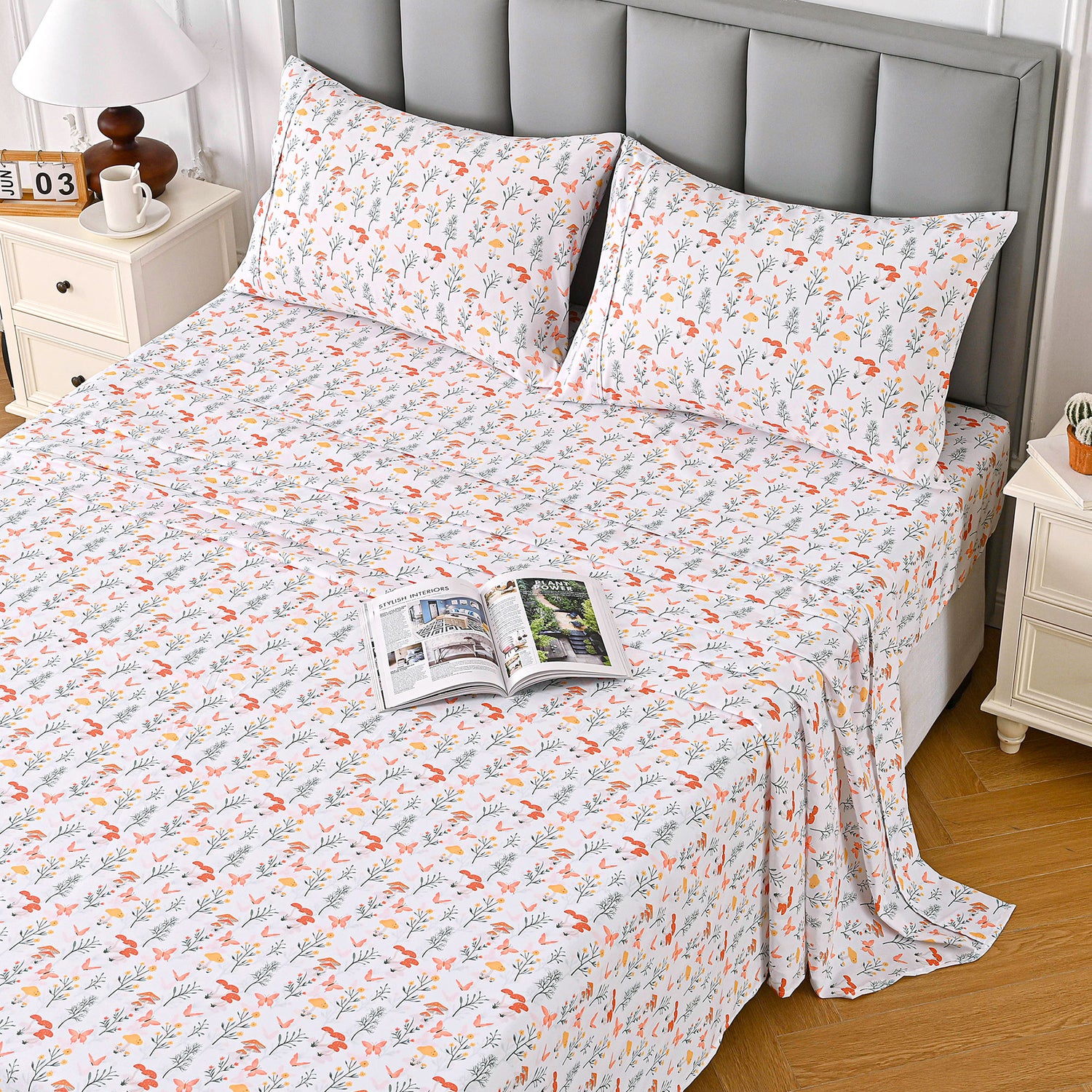 4 Piece Mushroom Vintage Butterfly Flower Patterned Bed Sheets Set