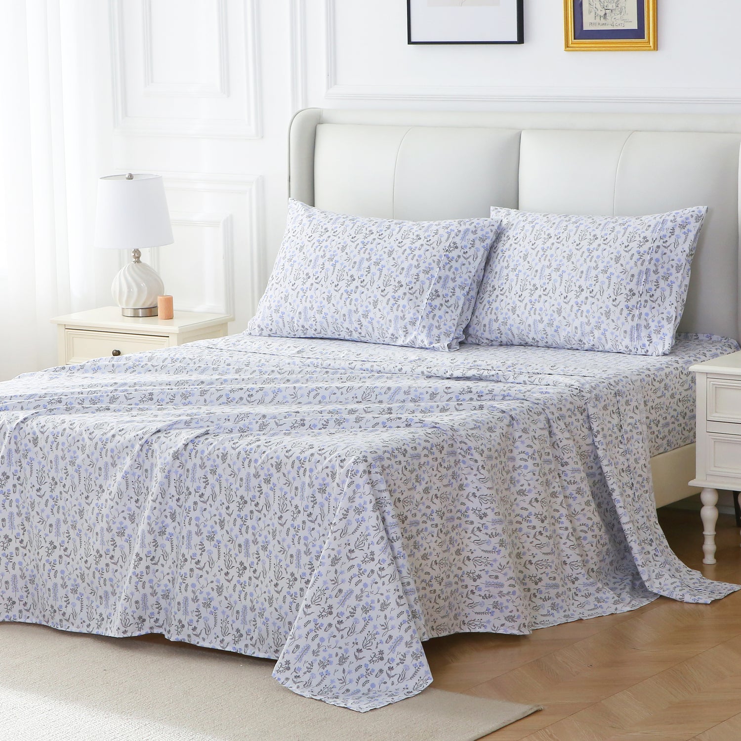 4 Piece Vintage Violet & Grey Flower Patterned Bed Sheets Set