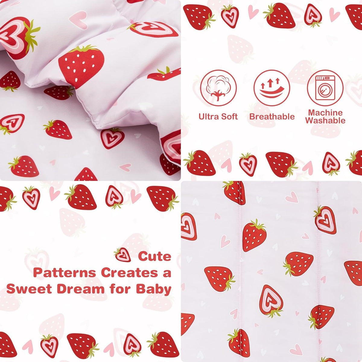 Pink Strawberry Printed Toddler Comforter Set– 4 Piece