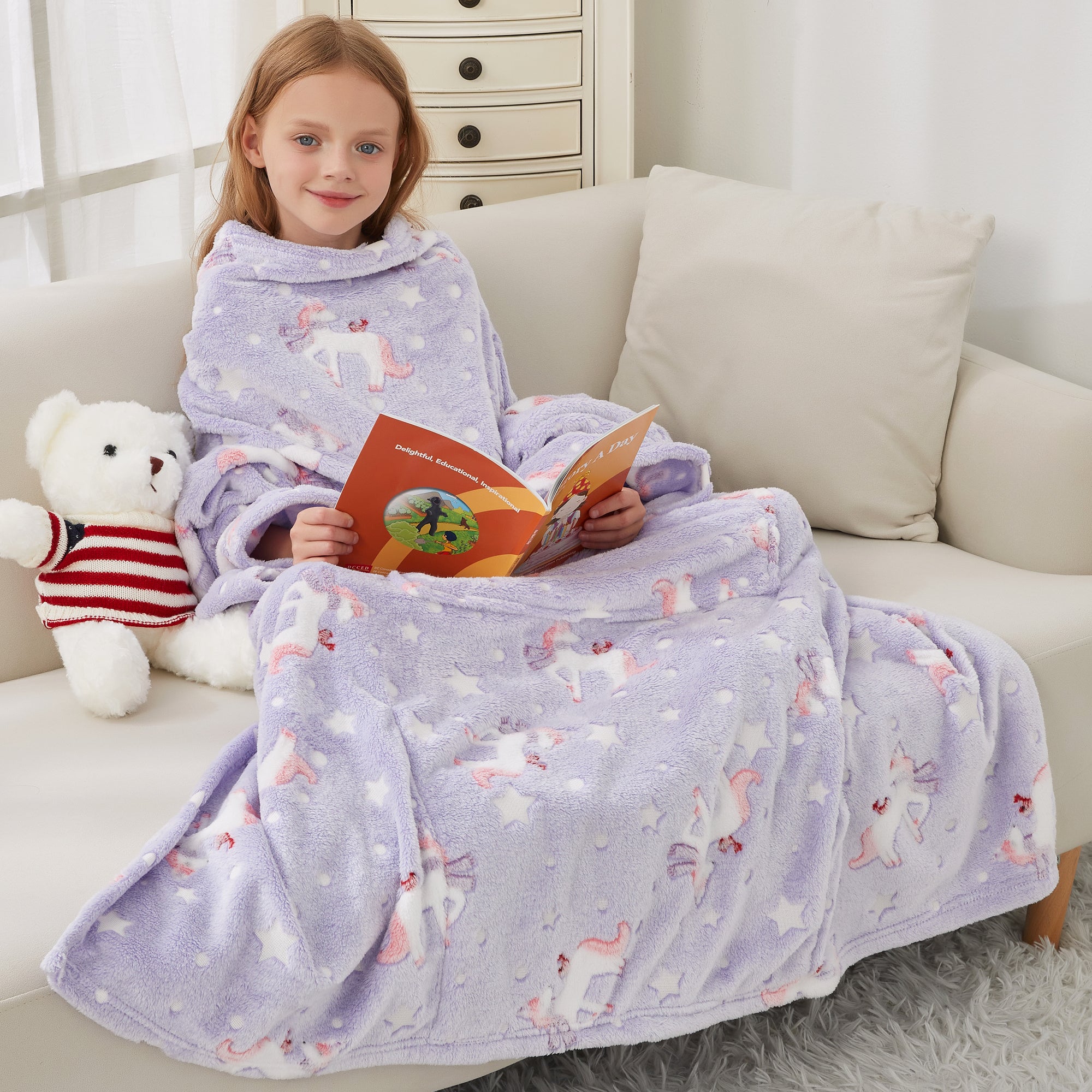 Glowing Unicorn Wearable Fleece Blanket with Sleeves & Foot Pocket for Kids