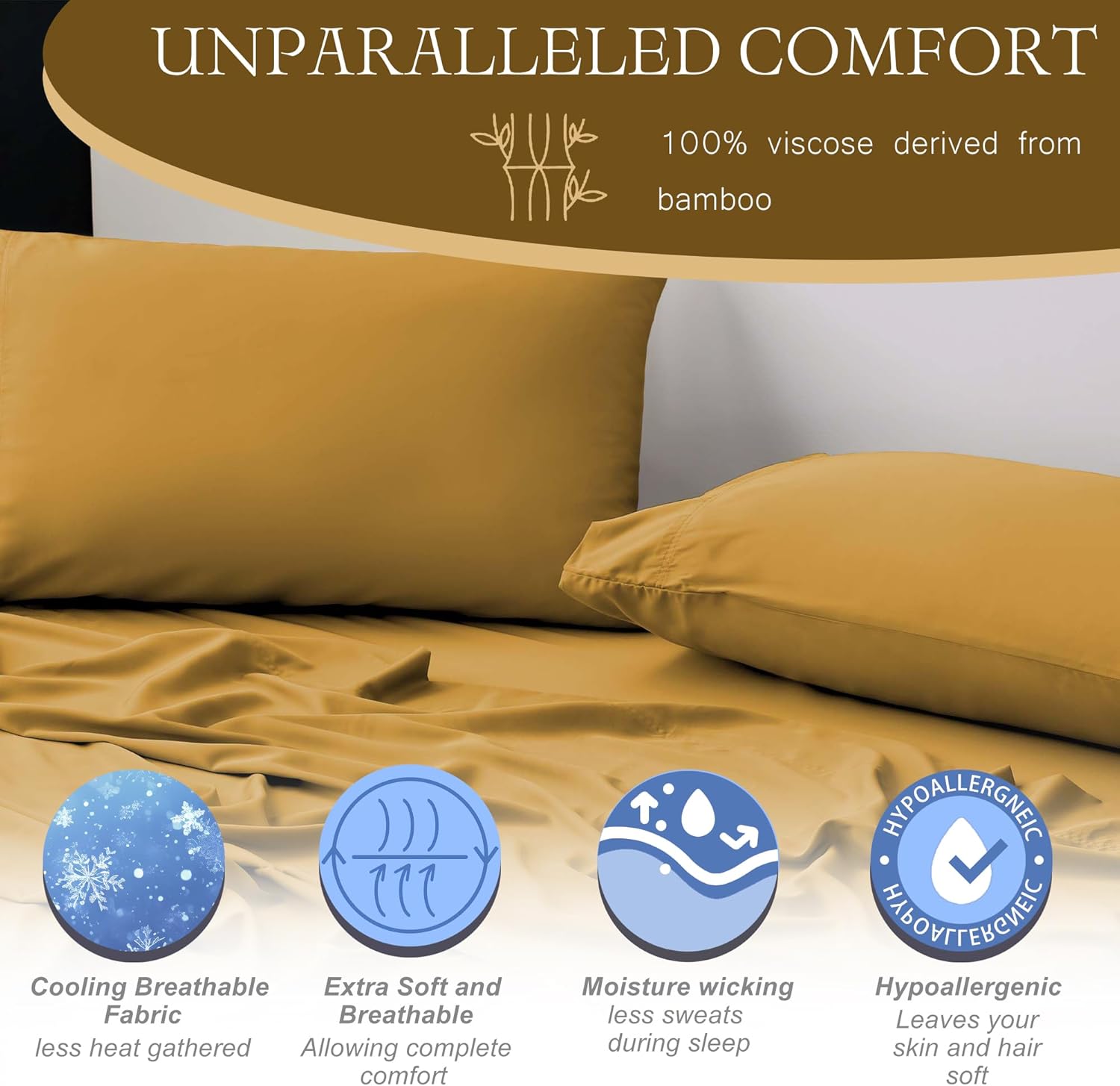 Cooling Full Sheets, Bamboo Viscose with Elastic Corner Straps, Gold Cold Siky Sheet & Pillowcase Sets for Hot Sleepers