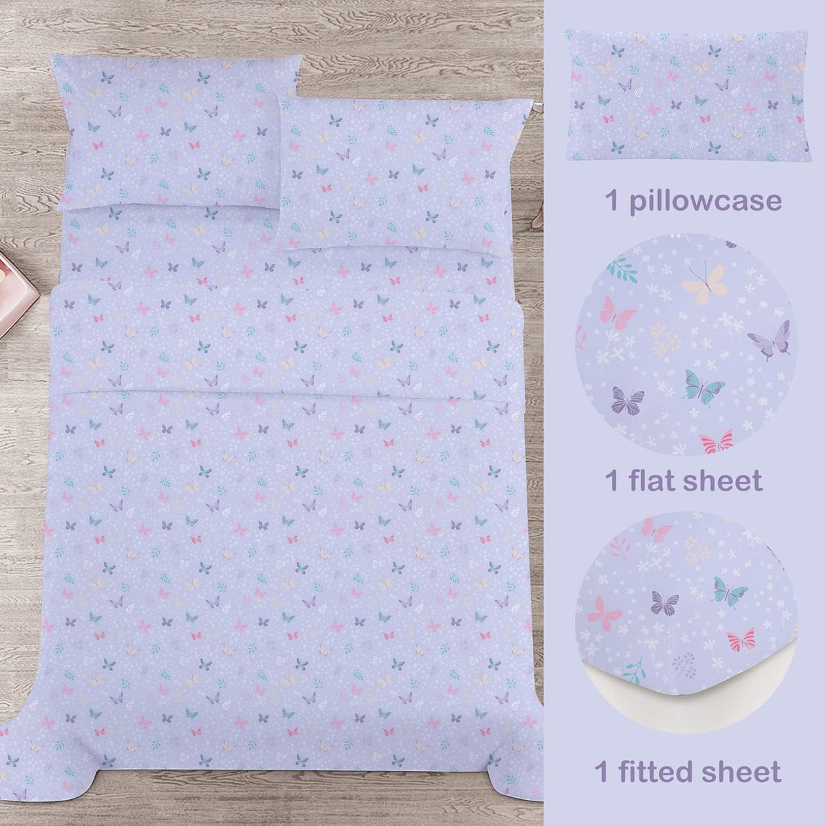 Butterfly Floral Kids Bed Sheet Set Deep Pocket Double Brushed Microfiber