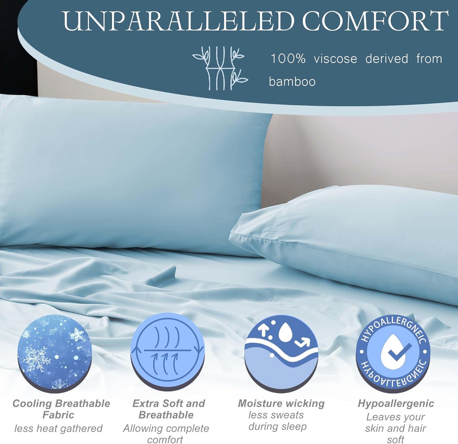 Cooling Full Sheets, Bamboo Viscose with Elastic Corner Straps, Sky Blue Cold Siky Sheet & Pillowcase Sets for Hot Sleepers