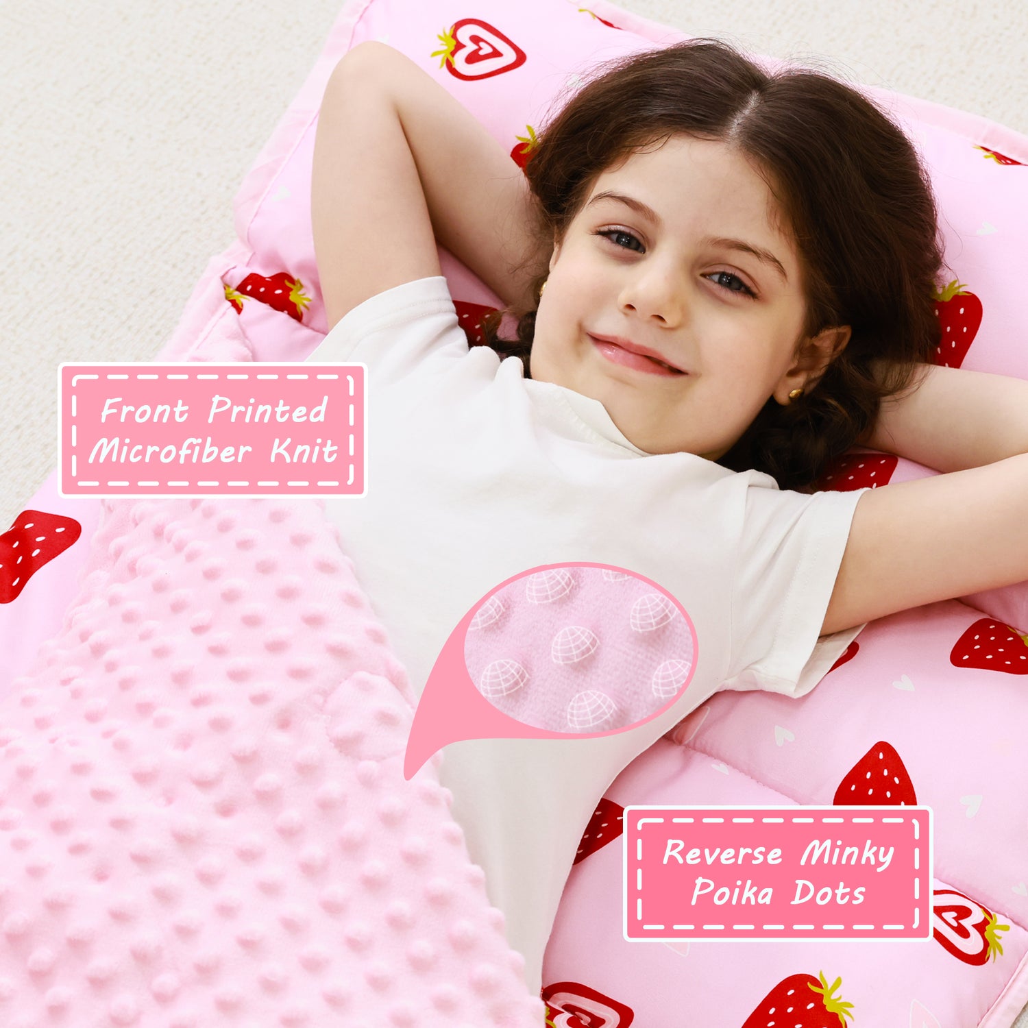 Pink Strawberry Toddler Nap Mat with Pillow and Blanket
