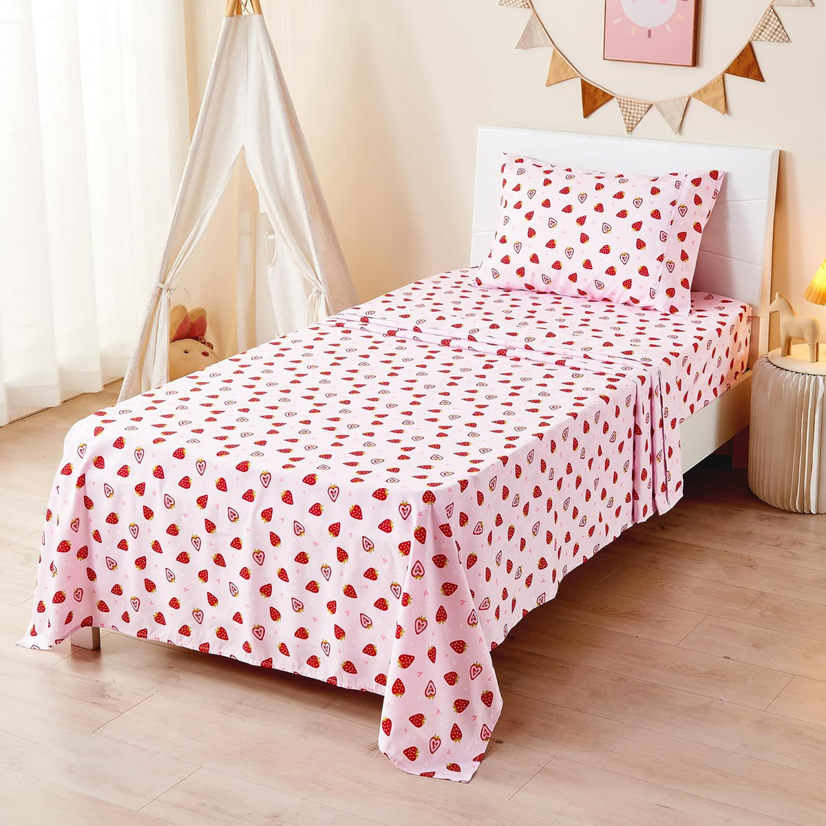 Dreamy Strawberry Kids Bed Sheet Set Deep Pocket Double Brushed Microfiber