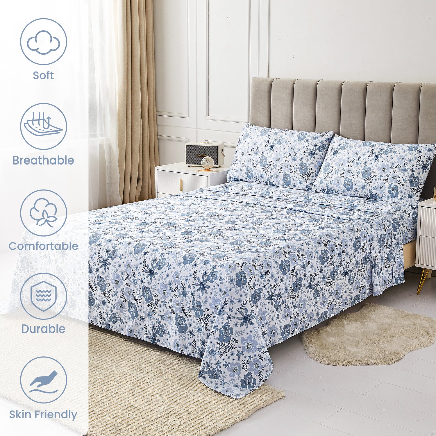 Vintage Blue & White Petal Bed Sheets Set