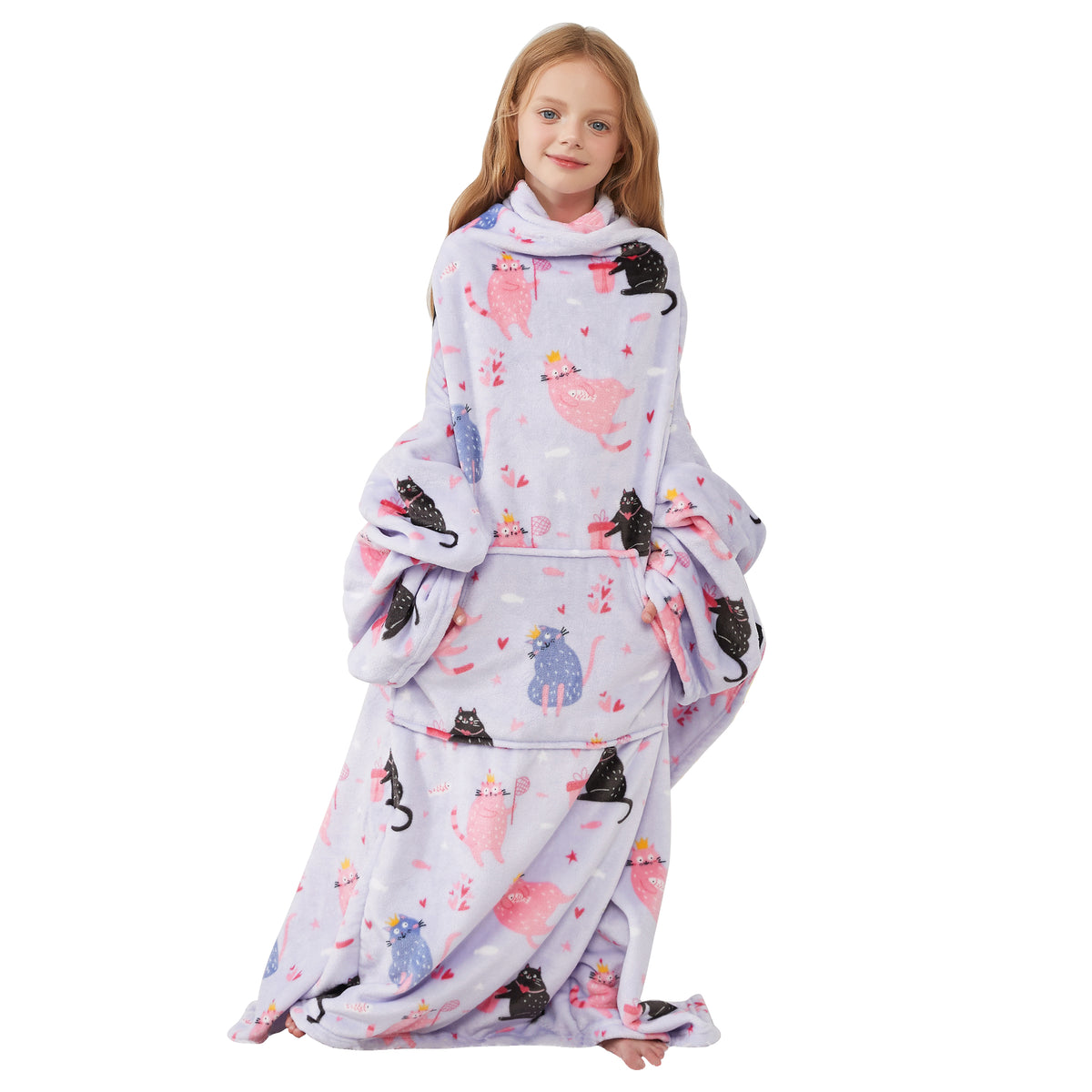 Cat Wearable Fleece Blanket with Sleeves & Foot Pocket for Kids