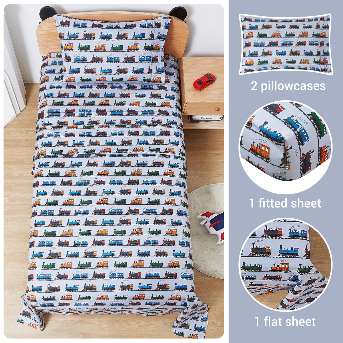Retro Train Kids Microfiber Bed Sheet Set Deep Pocket Soft & Breathable