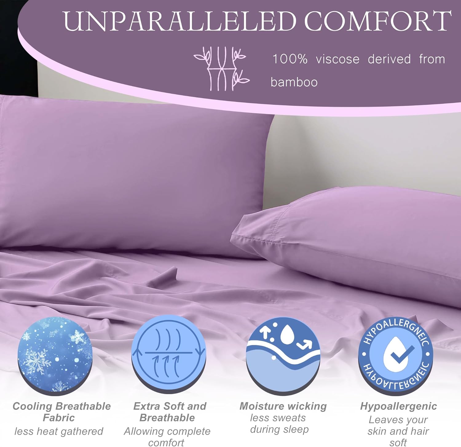 Cooling Full Double Sheets, 100% Viscose Derived from Bamboo with Elastic Corner Straps, Light Plum Cold Siky Sheet & Pillowcase Sets for Hot Sleepers