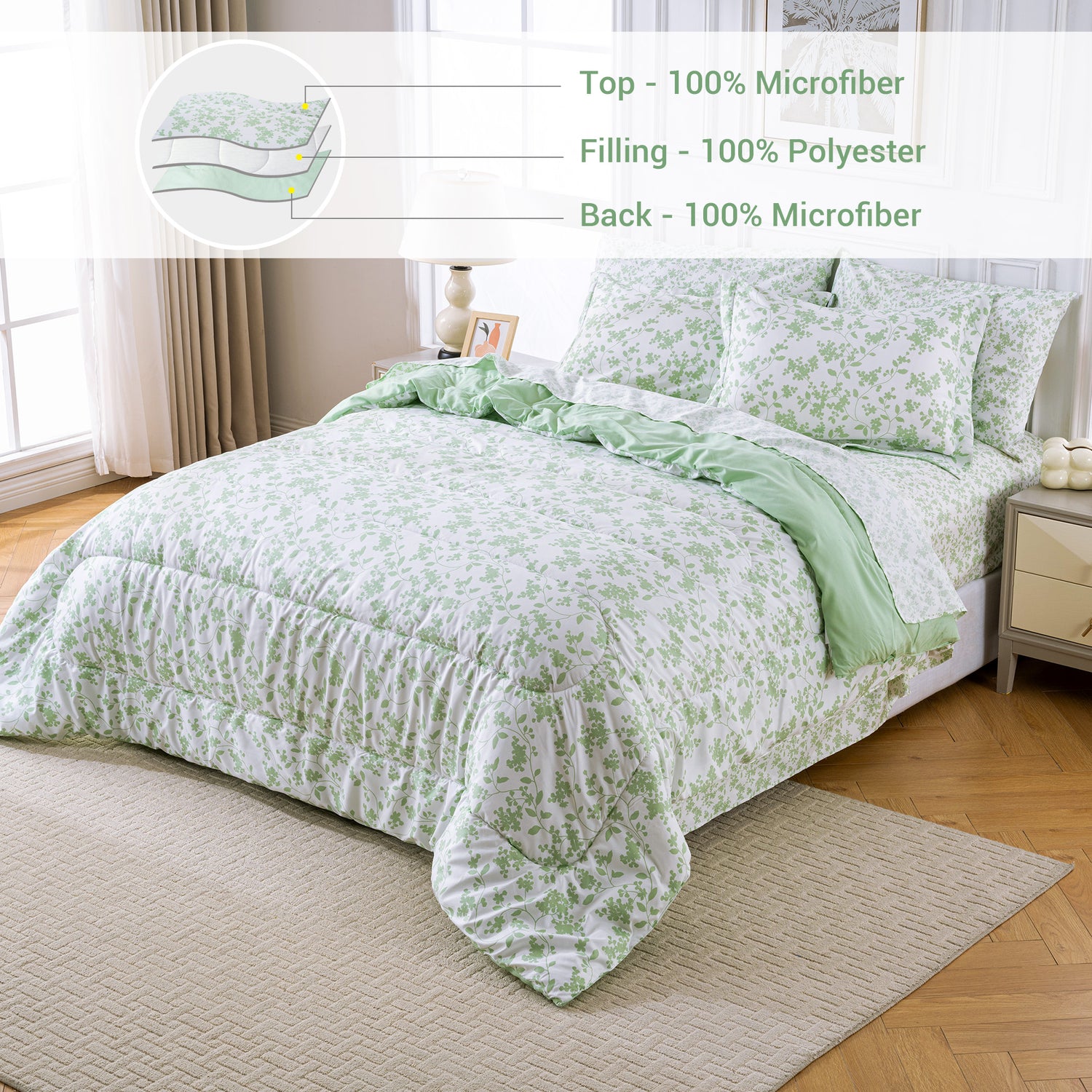 Pastel Green Floral Retreat Comforter Set 7 Pieces