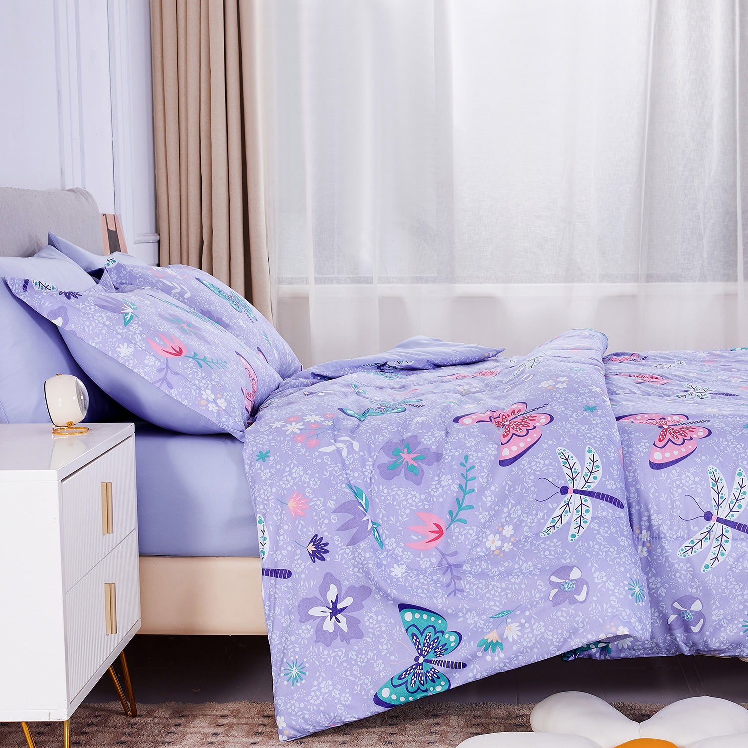 Butterfly Purple Kids Comforter Sets for Girls