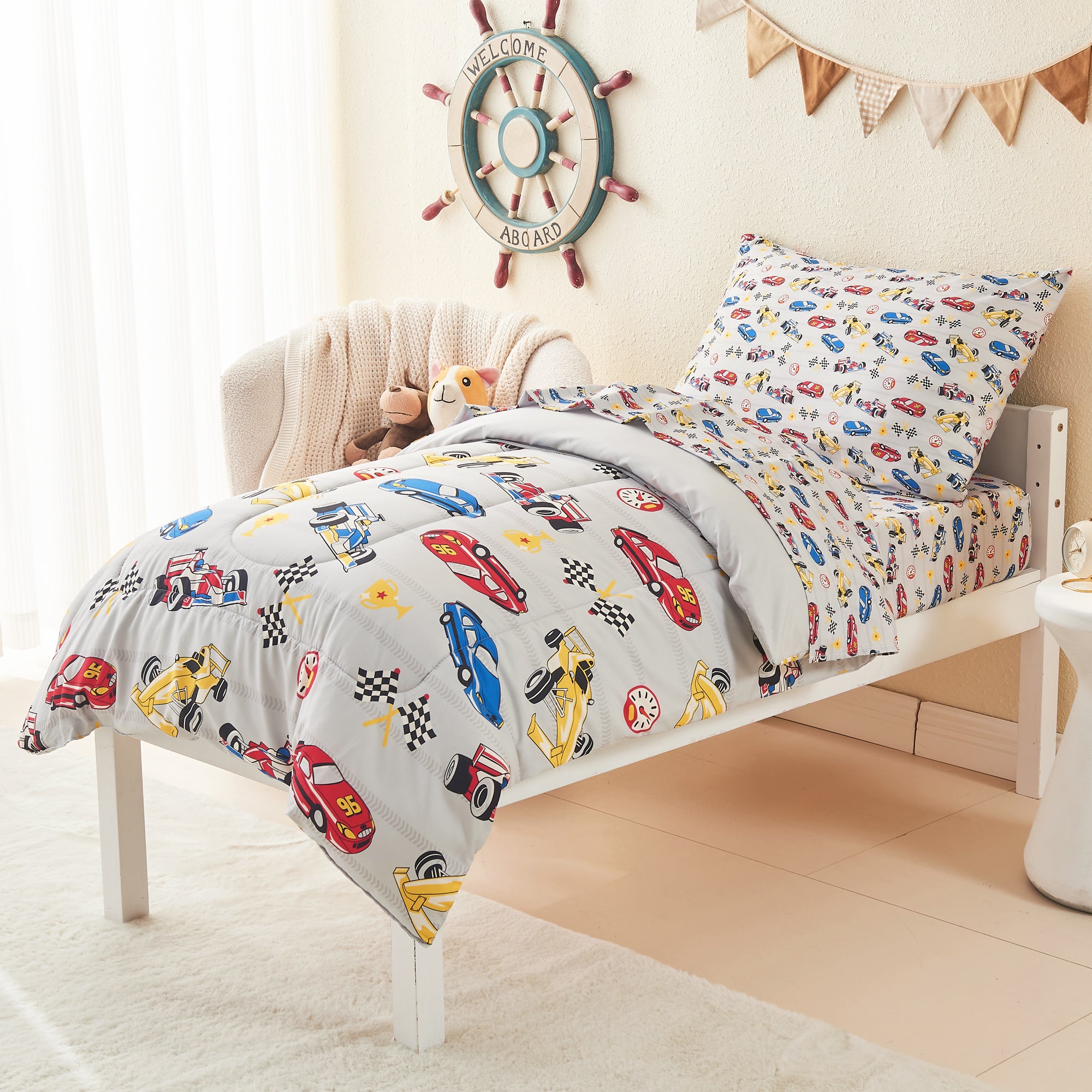 Race Cars Toddler Comforter Set– 4 Piece