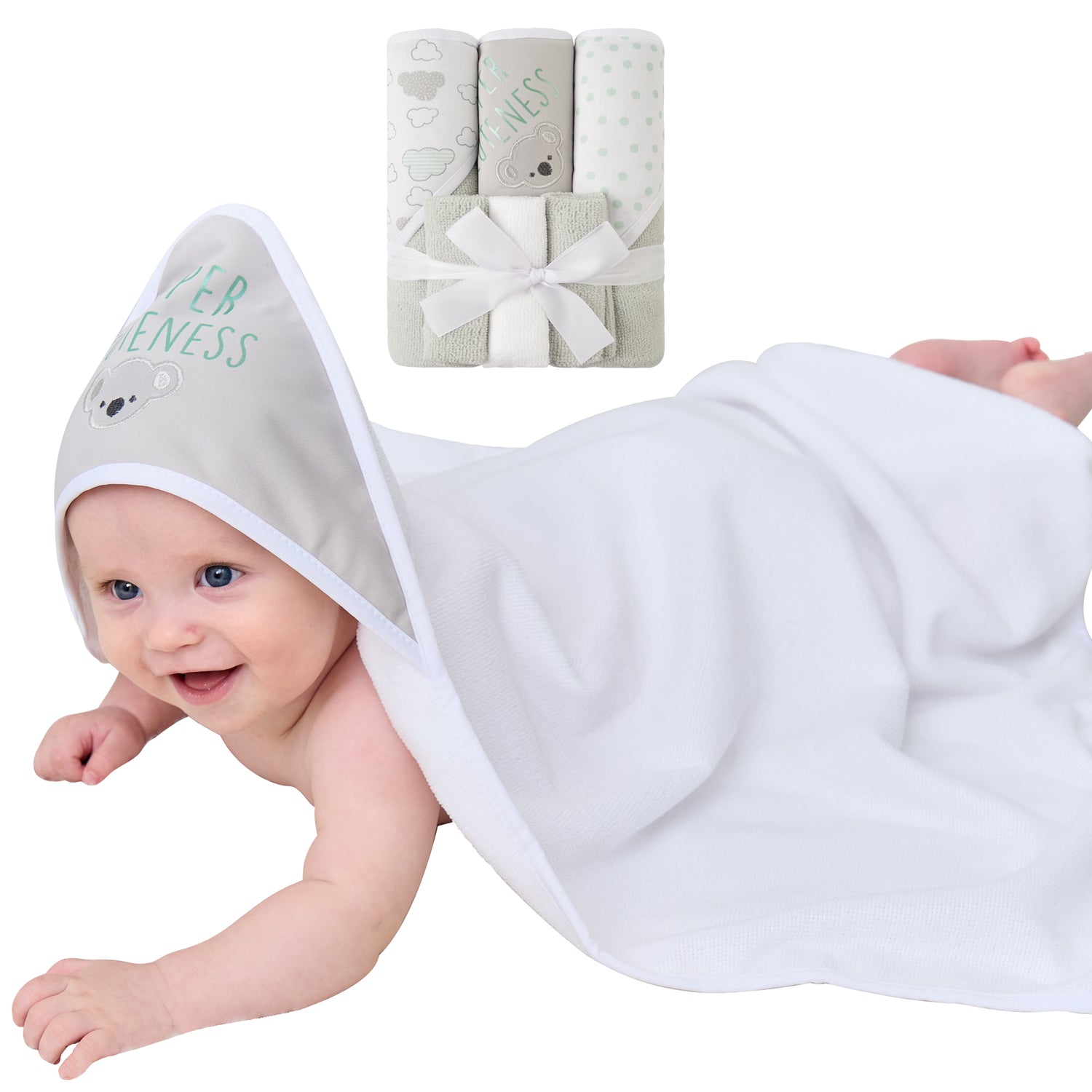 Grey Koala Baby Towels and Baby Wash Cloths Set 6-Pack Size 28 x 28 Inch