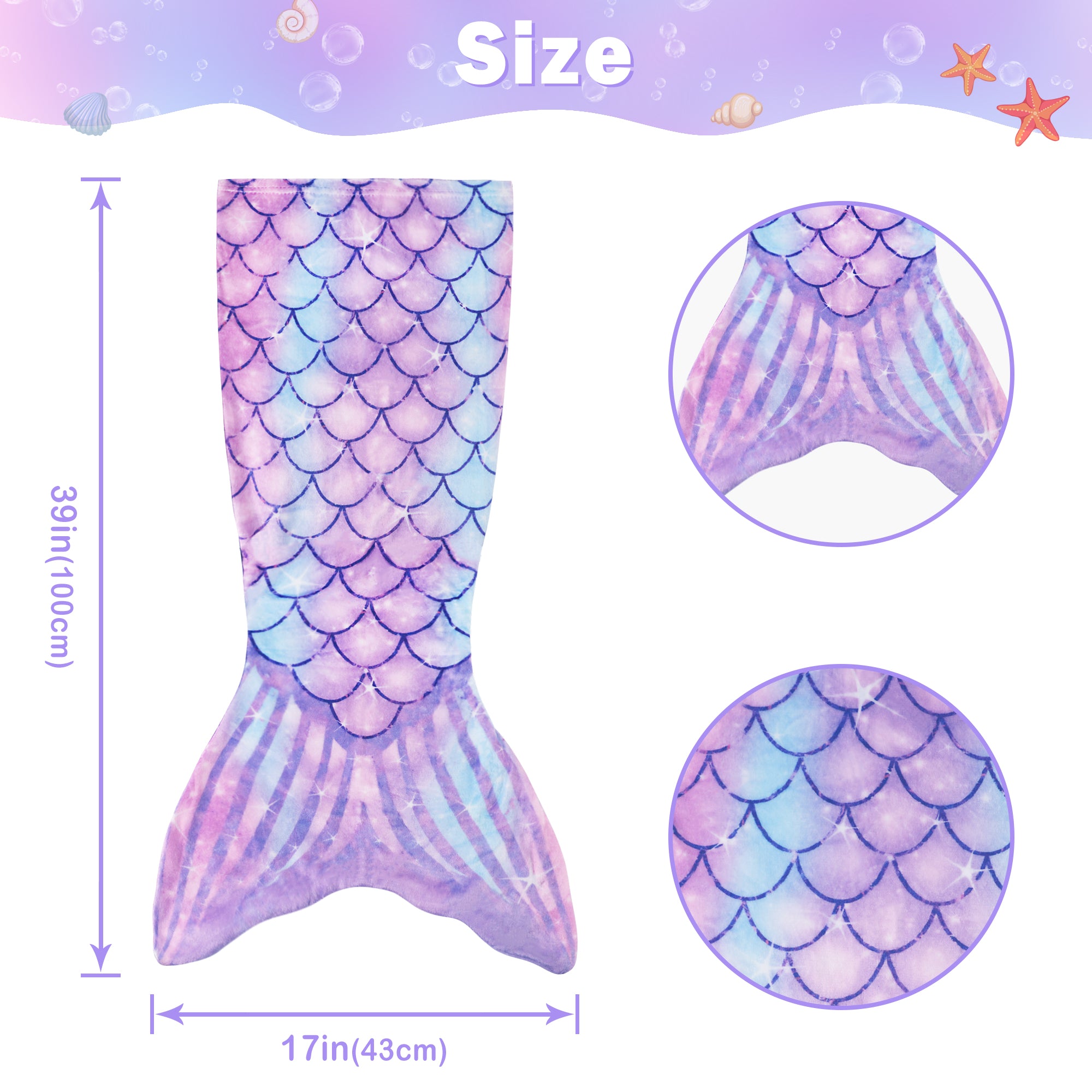 Purple 17"×39" Kids Mermaid Tail Blanket