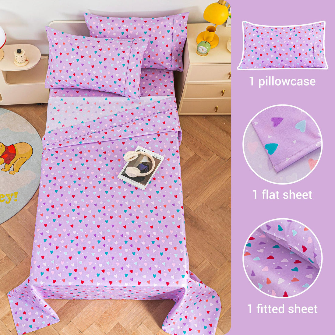 Colorful Hearts Kids Bed Sheet Set Deep Pocket Double Brushed Microfiber