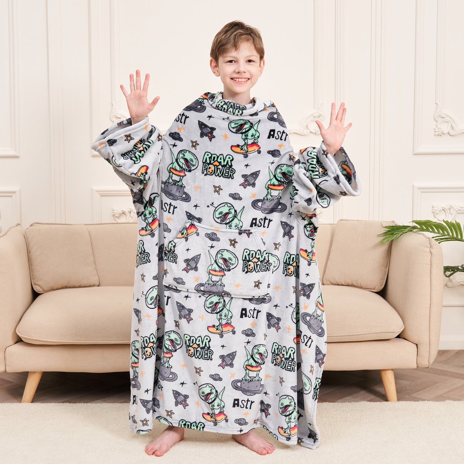 Dinosaur Wearable Fleece Blanket with Sleeves & Foot Pocket for Kids