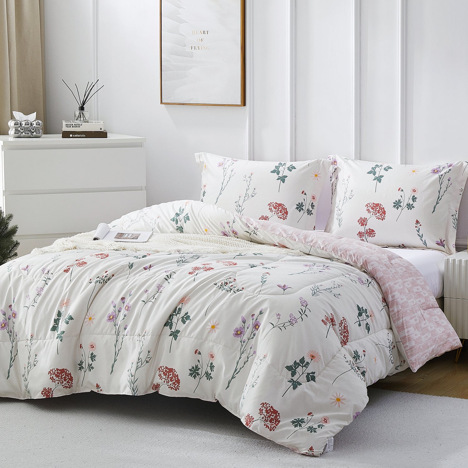 Conjunto de edredón de 3 piezas con flores blancas y fundas de almohada 