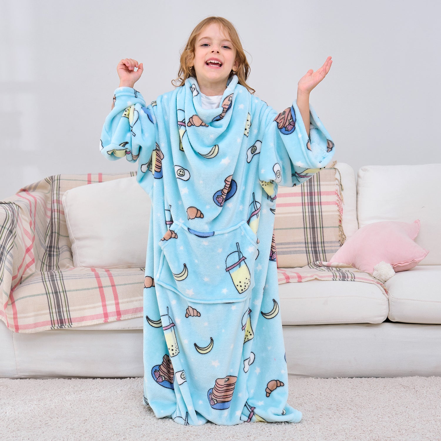 Snacks Wearable Fleece Blanket with Sleeves & Foot Pocket for Kids
