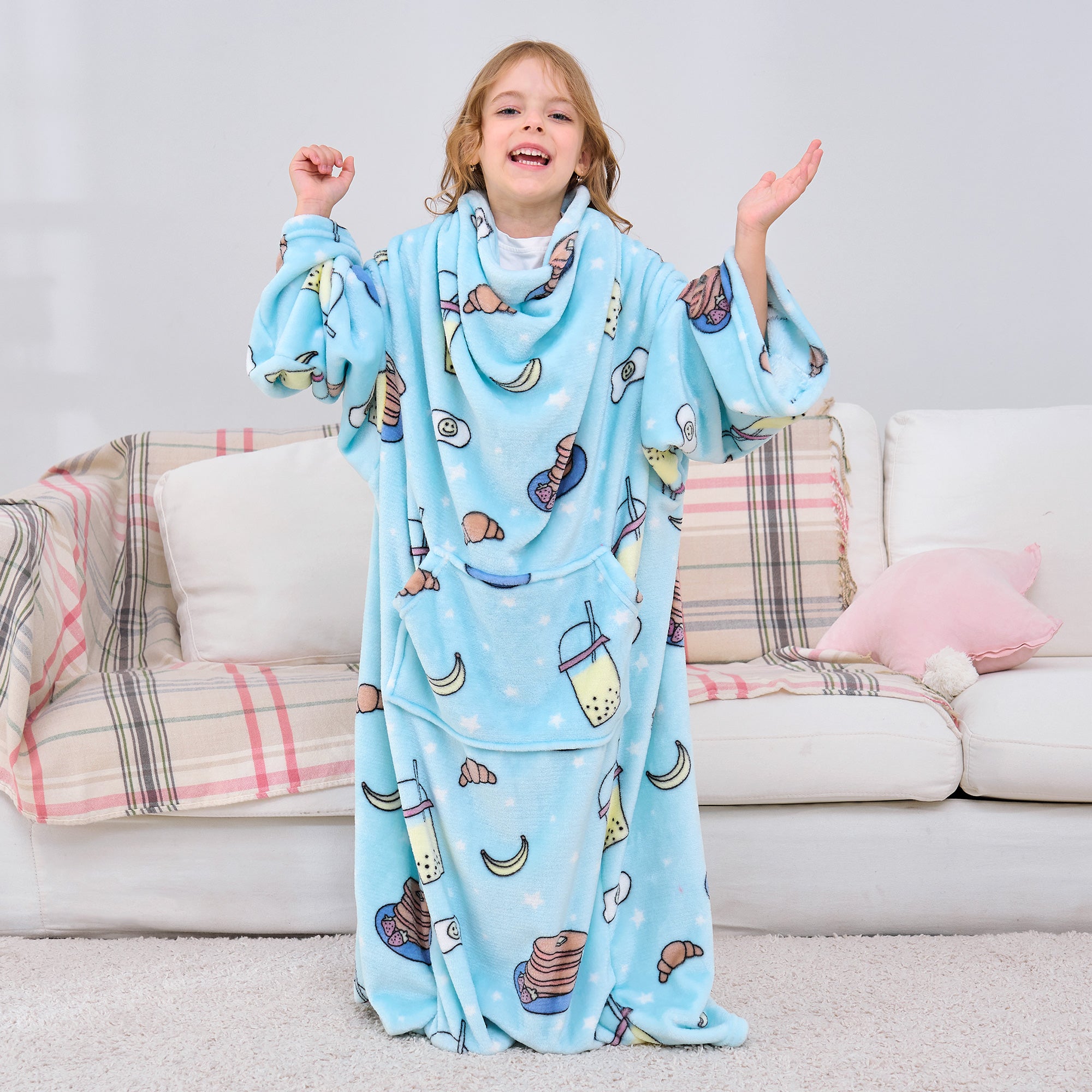 Snacks Wearable Fleece Blanket with Sleeves & Foot Pocket for Kids