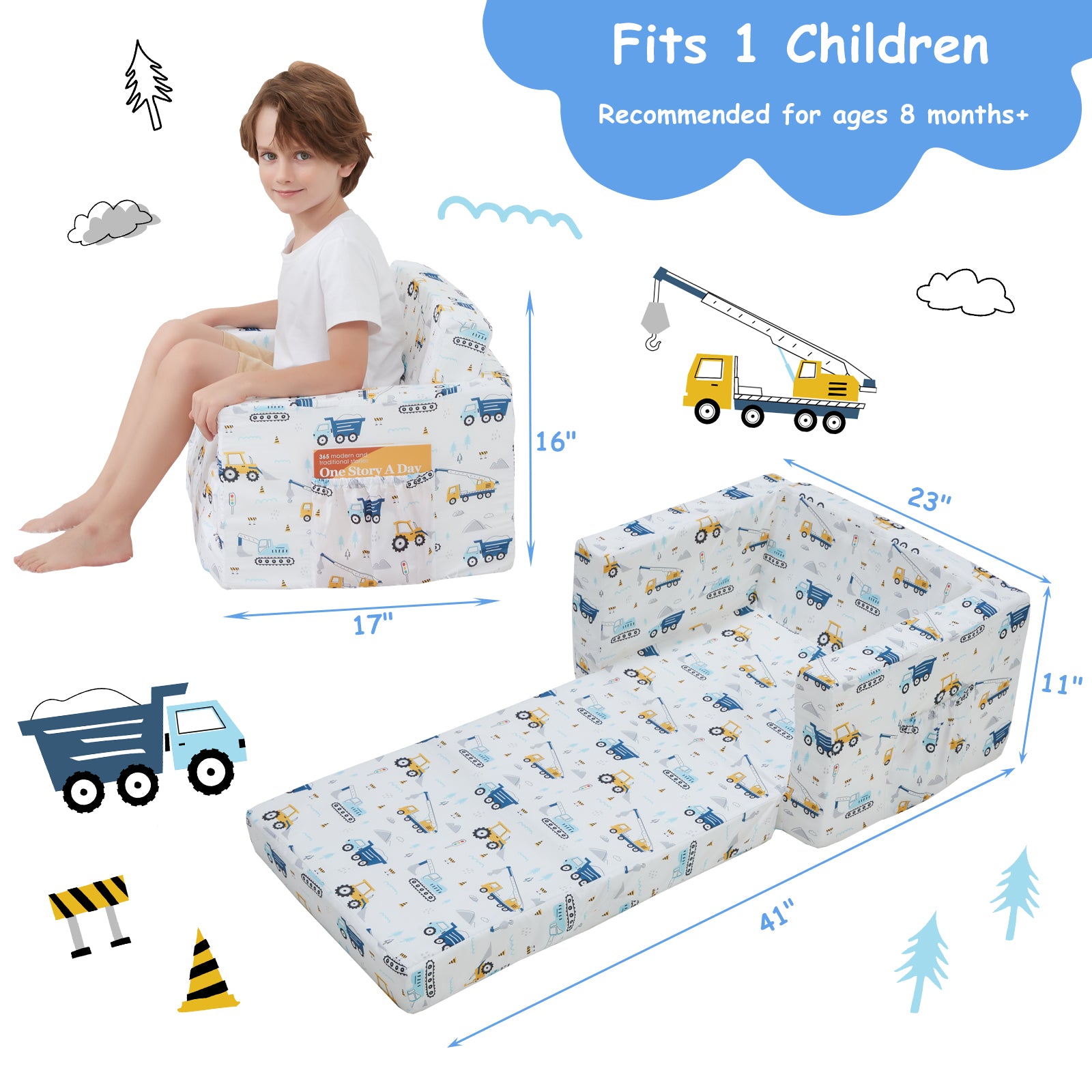 Blue Whale 2-in-1 Soft Toddler Couch Fold Out