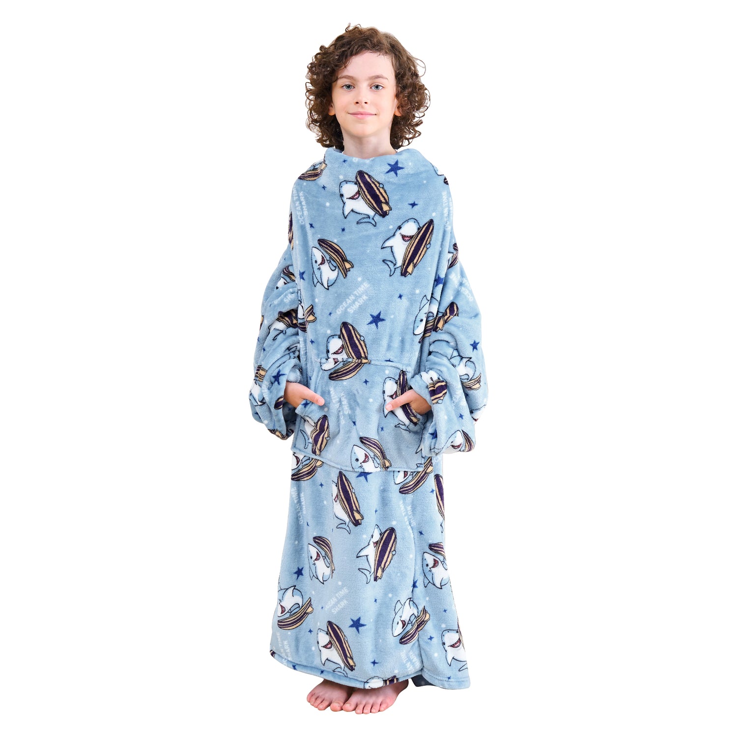 Shark Wearable Fleece Blanket with Sleeves & Foot Pocket for Kids