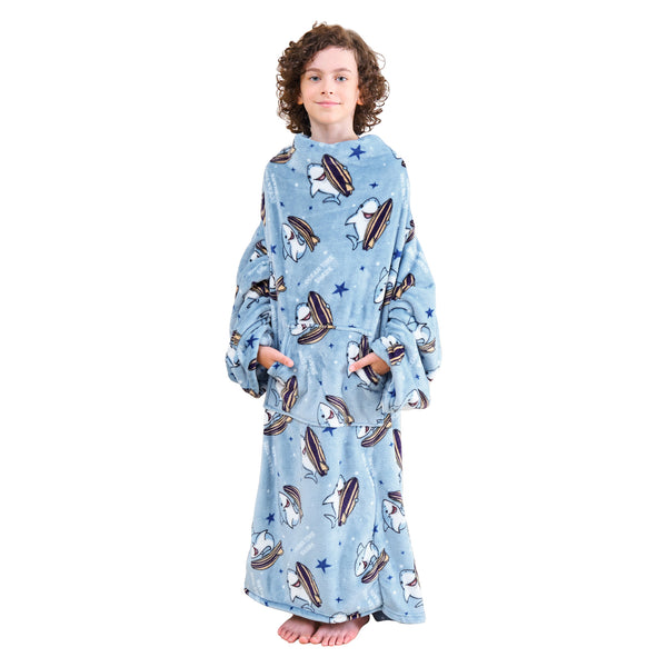 Shark Wearable Fleece Blanket with Sleeves & Foot Pocket for Kids