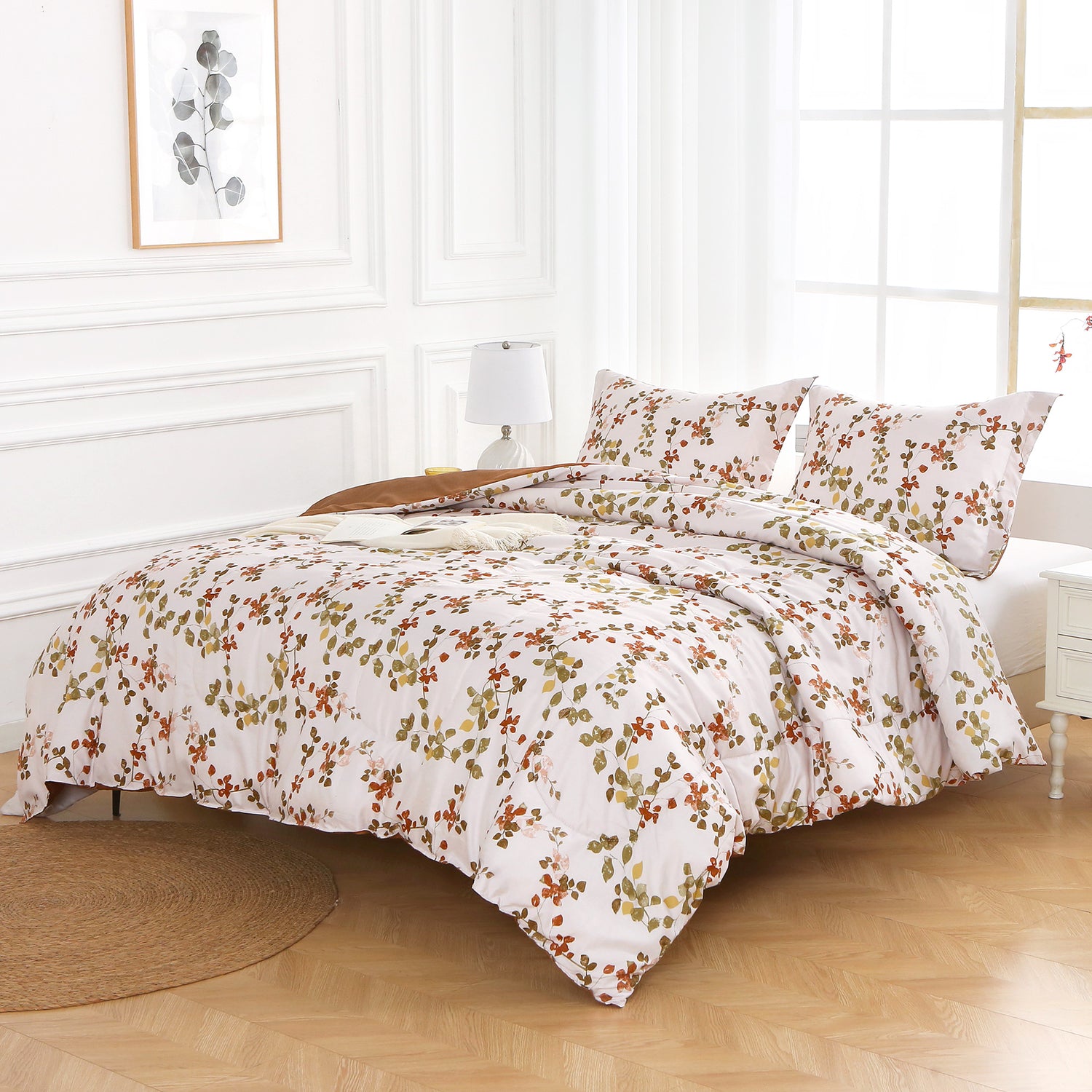 Green Khaki Leaves 3 Pieces Comforter Sets with Pillow Shams