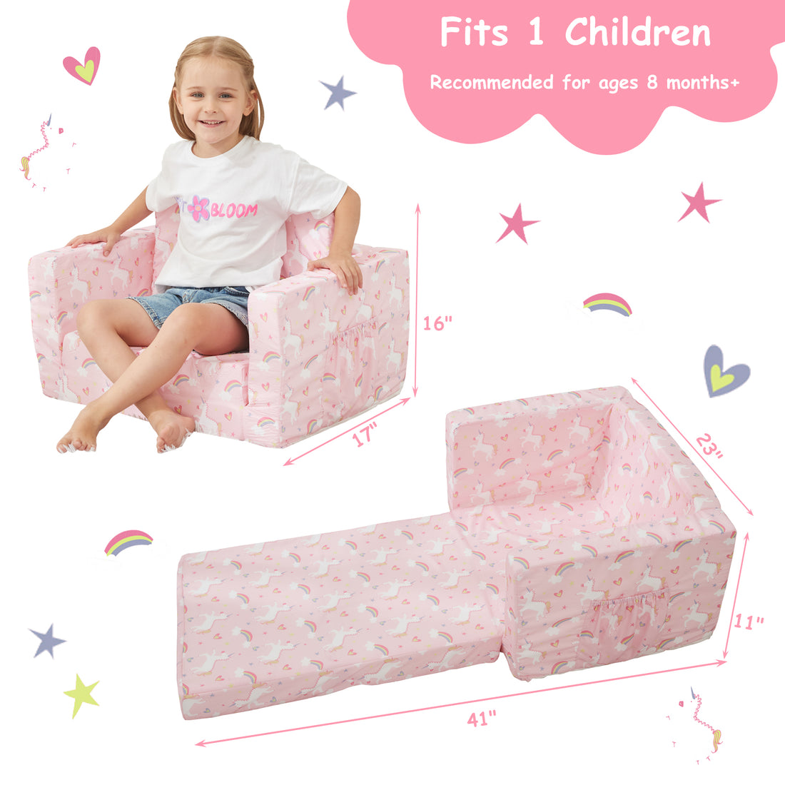 Pink Unicorn 2-in-1 Toddler Sofa Bed with Removable Cover & Pockets