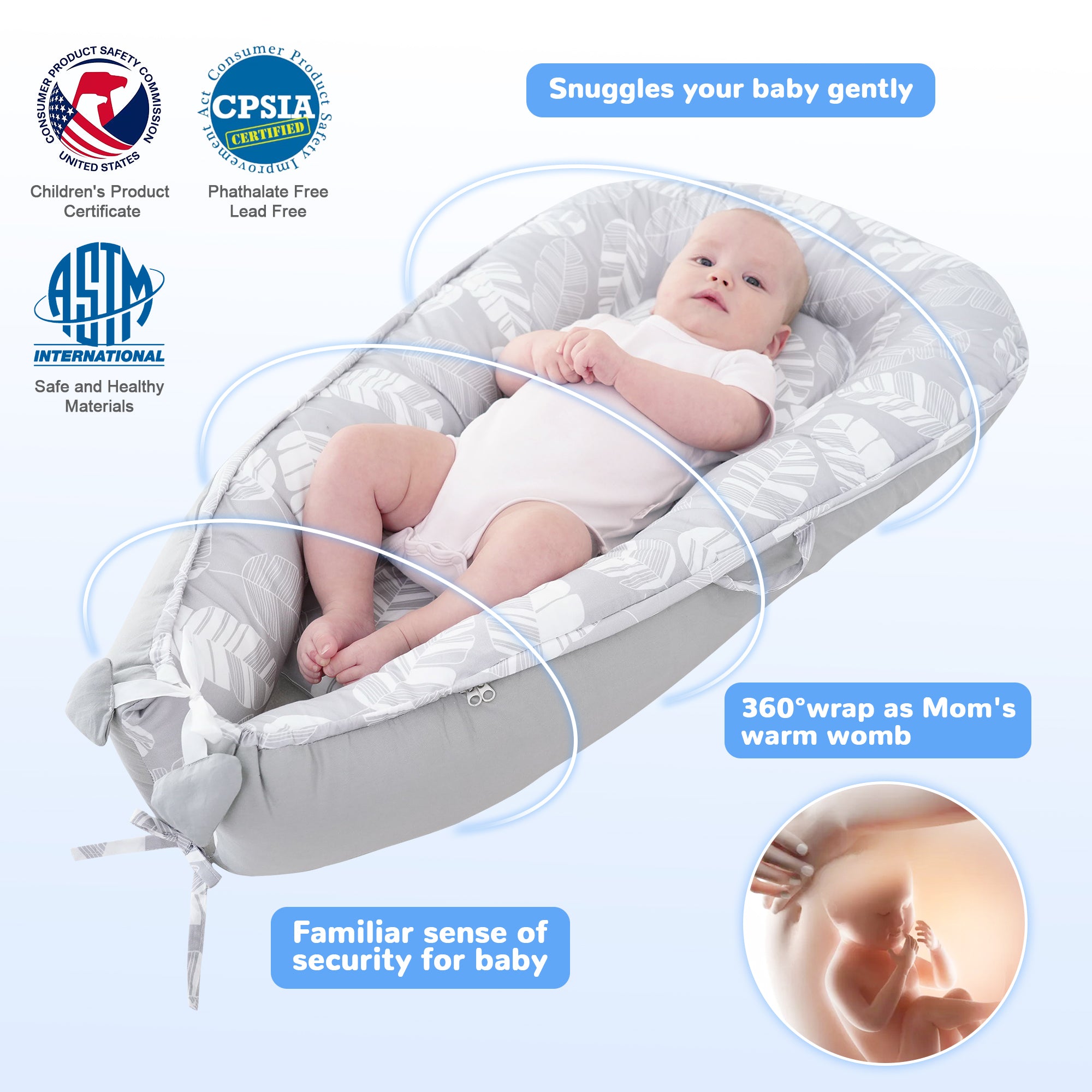 White Feather Baby Lounger - Baby Nest Co Sleeper for Baby Bed, Soft & Breathable Portable Cotton Newborn Lounger Nest for Crib Bassinet