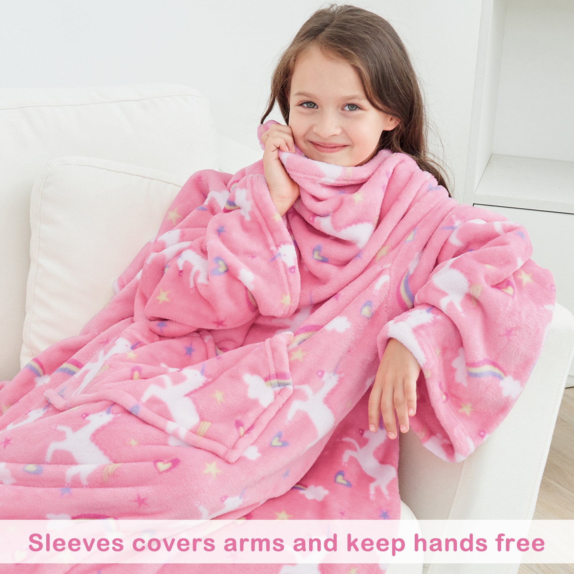 Unicorn Wearable Fleece Blanket with Sleeves & Foot Pocket for Kids
