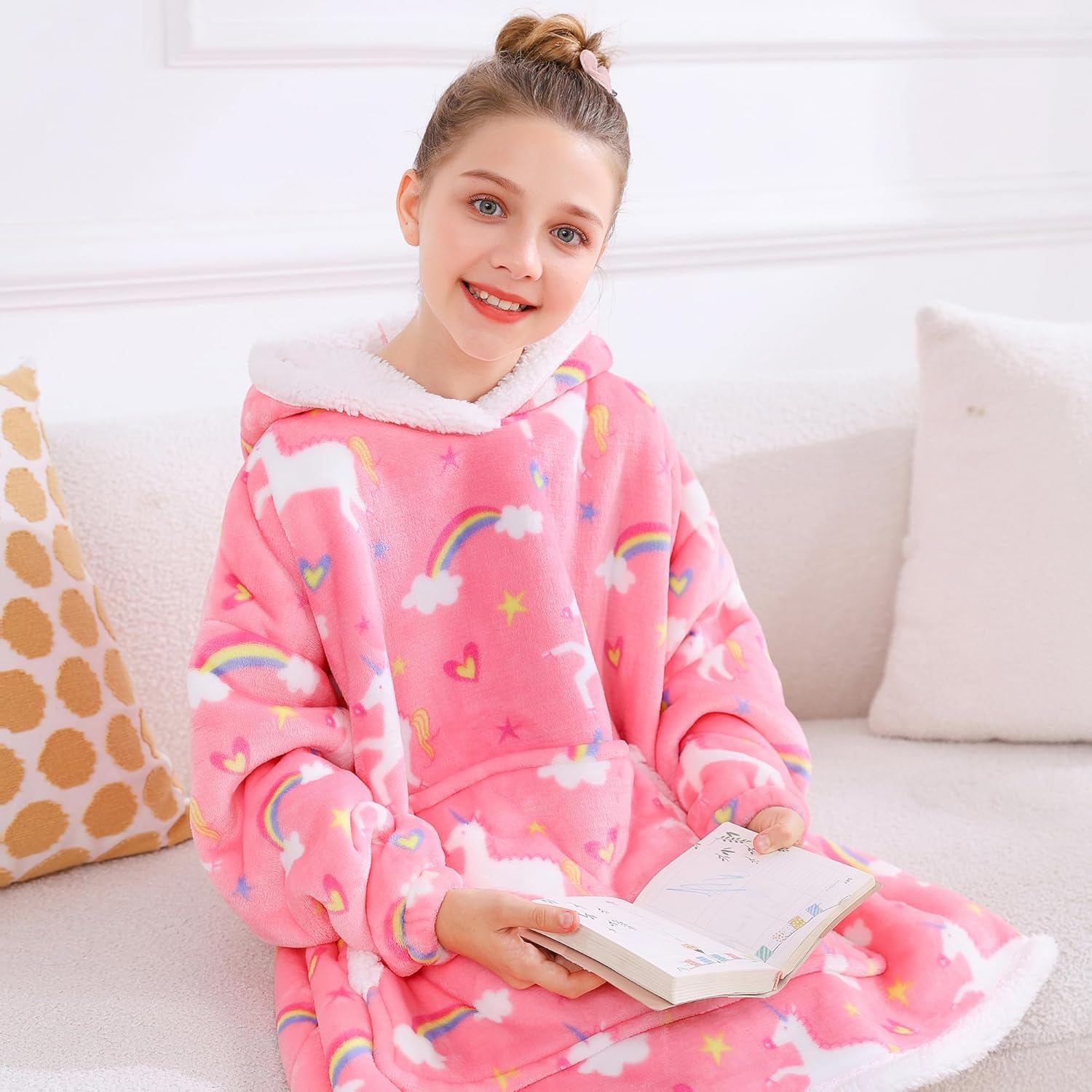 Unicorn Print Wearable Blanket Hoodie for Kids
