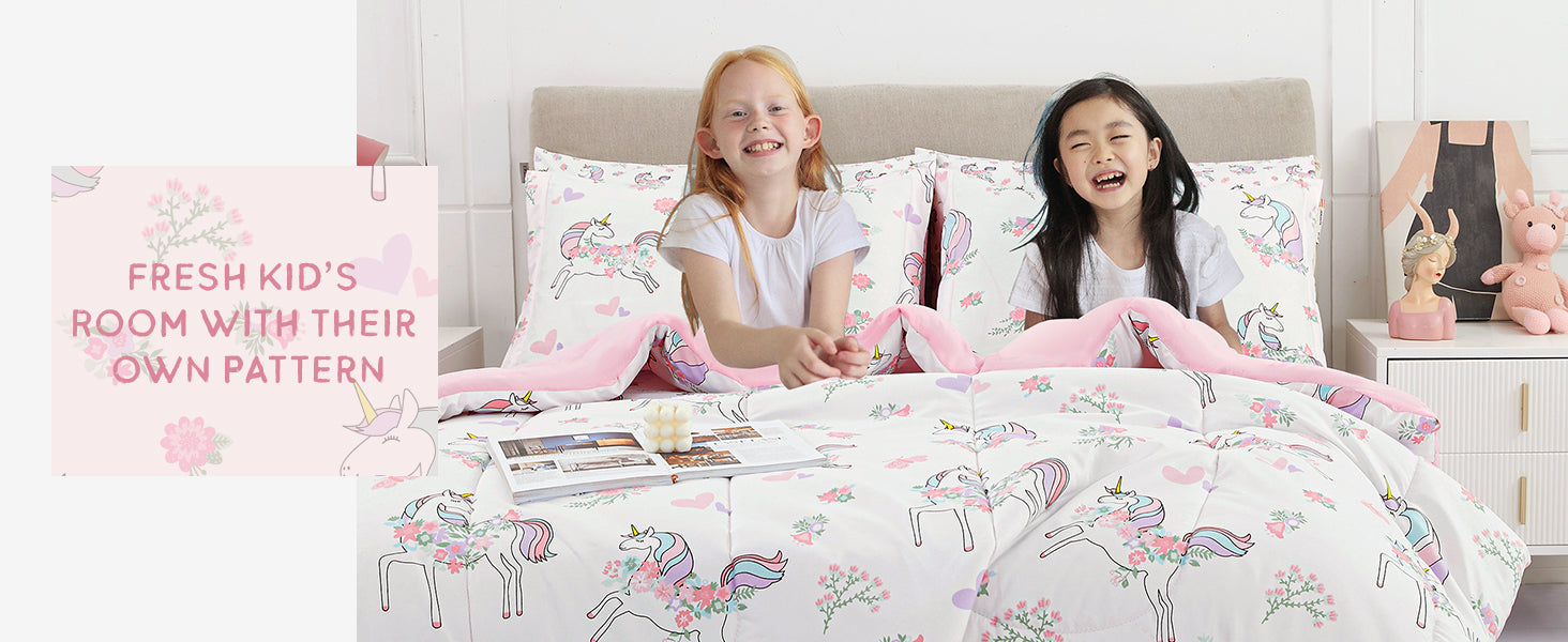 Dreamy Unicorn Floral Bedding Set for Kids– 5 or 7 Piece Options