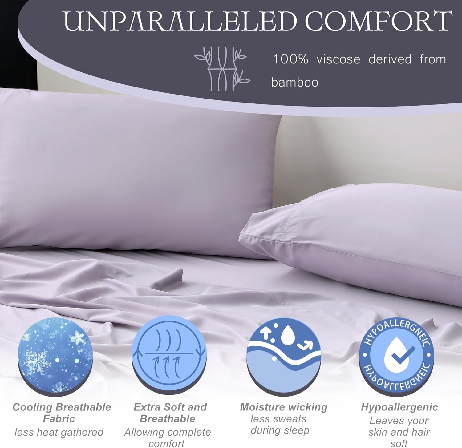 Cooling Full Sheets, Bamboo Viscose with Elastic Corner Straps, Lilac Cold Siky Sheet & Pillowcase Sets for Hot Sleepers Visit the Viviland Store