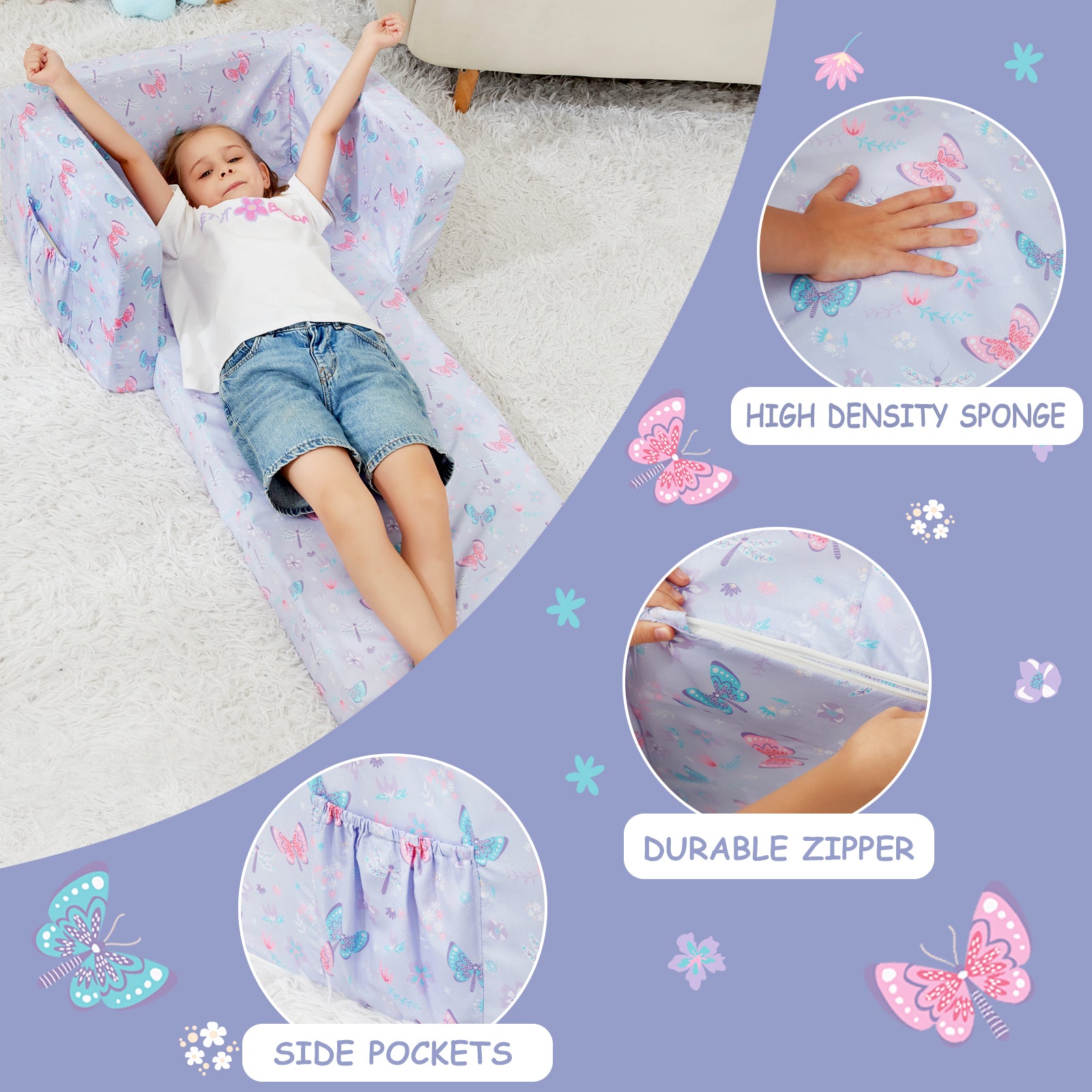 Purple Butterfly 2-in-1 Soft Toddler Couch Fold Out