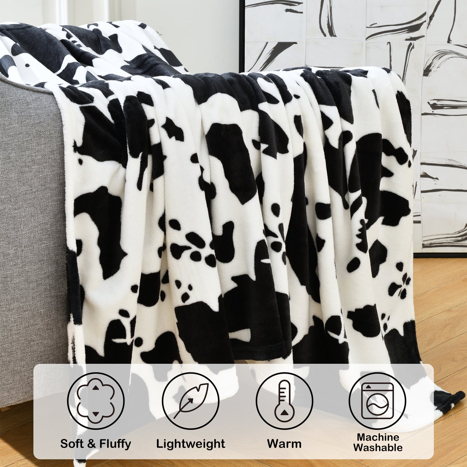 Black White Cow Print Throw Blanket 90" X 108"