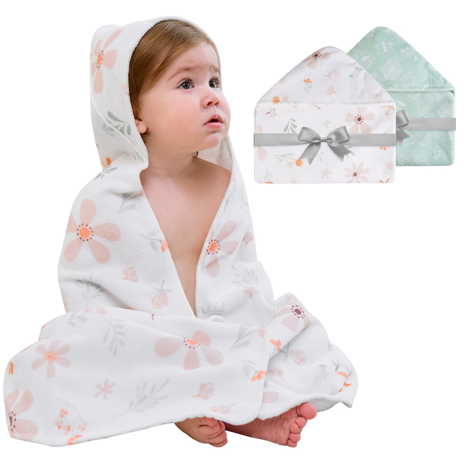 (Green Leaves) 2 Pack Cotton Hooded Baby Towels, Extra Thick and Absorbent, 32" * 32"