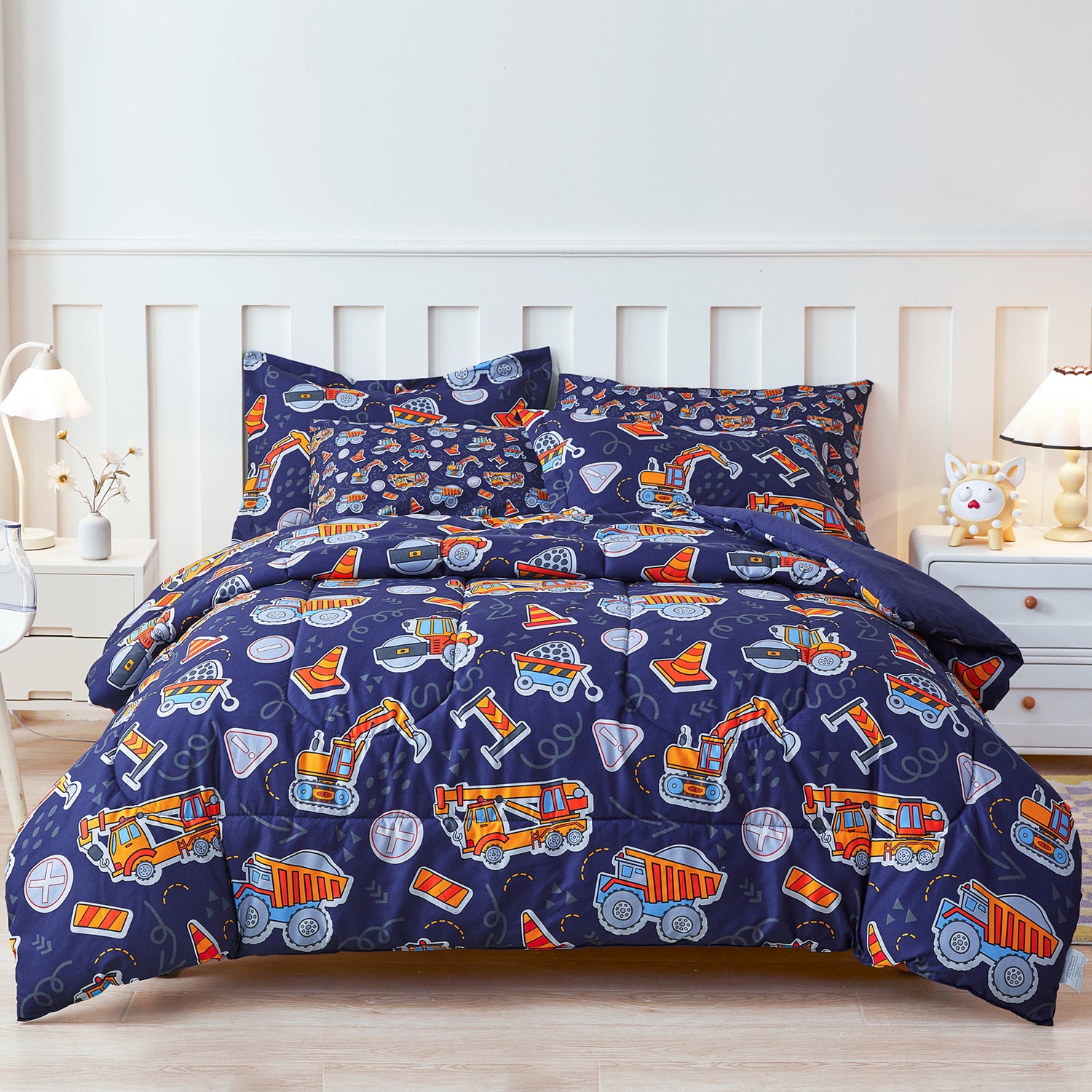 Bold Blue Construction Vehicle Bedding Set for Kids