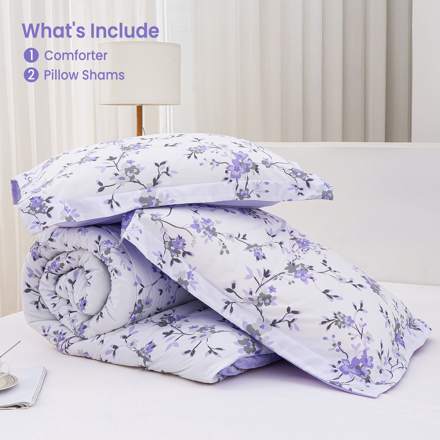 Purple White Flower 3 Pieces Comforter Sets with Pillow Shams