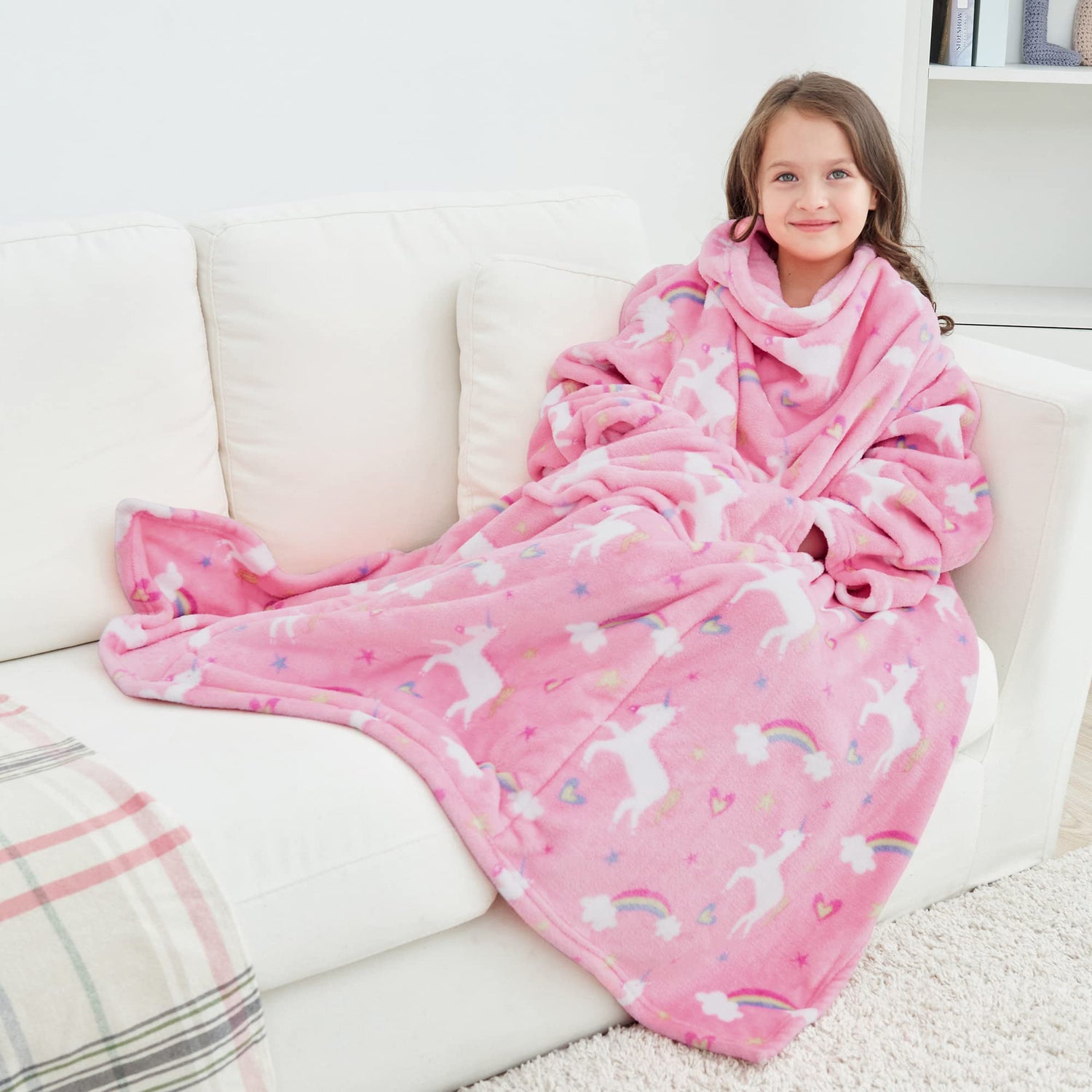 Unicorn Wearable Fleece Blanket with Sleeves & Foot Pocket for Kids