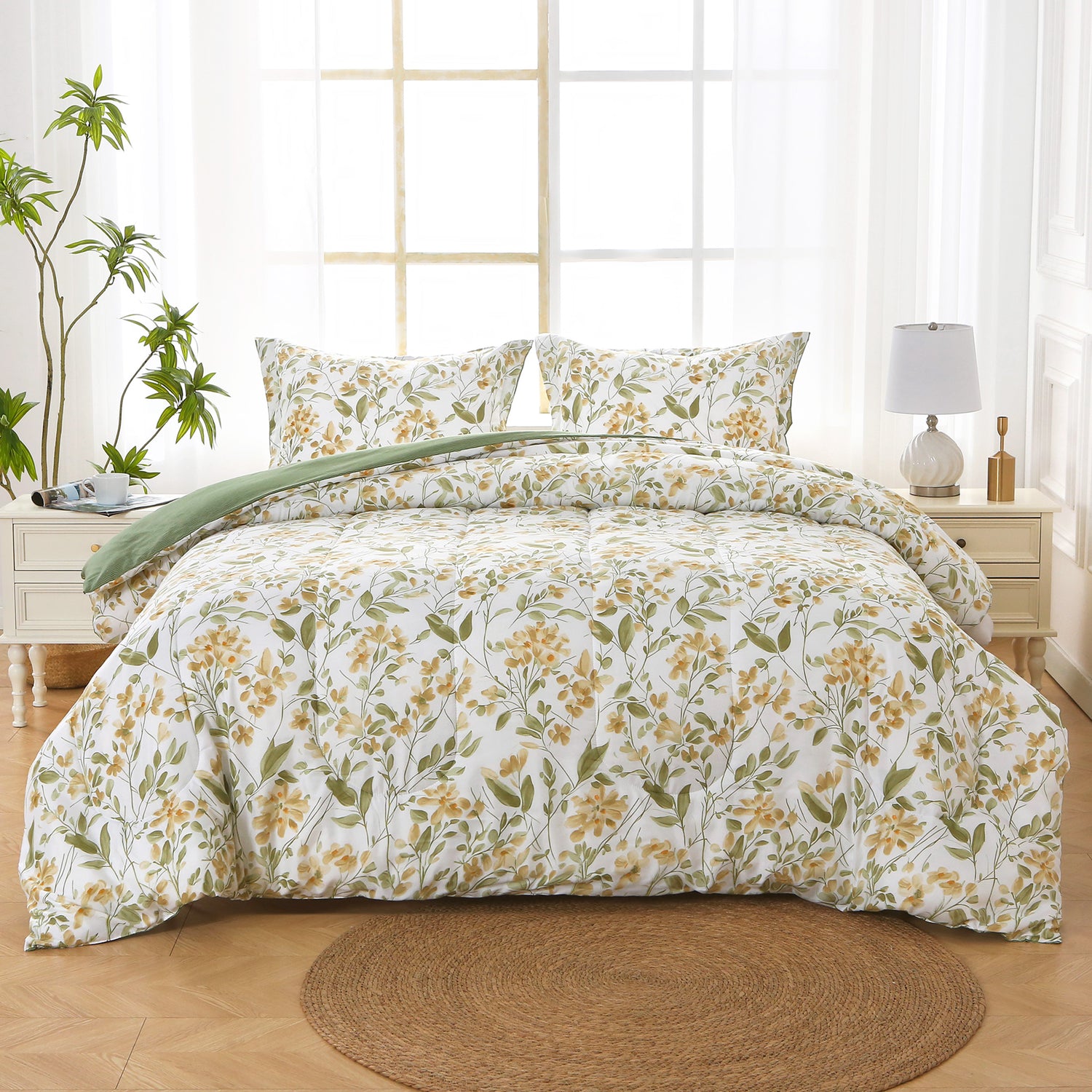 Green Leaveas 3 Pieces Comforter Sets with Pillow Shams