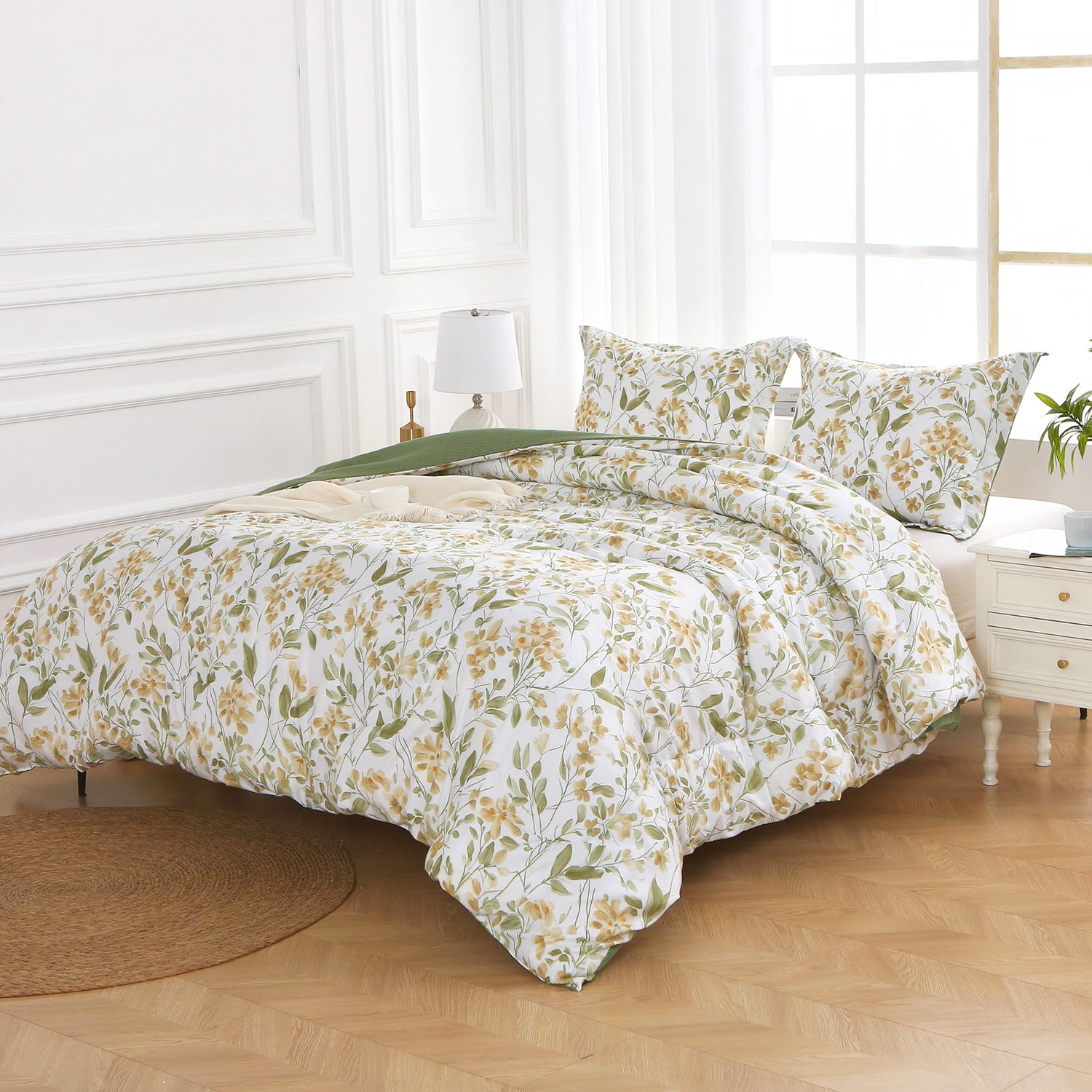 Green Leaveas 3 Pieces Comforter Sets with Pillow Shams