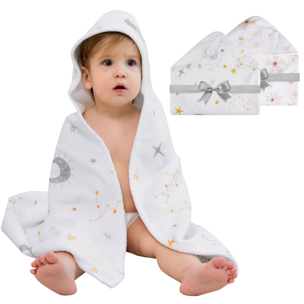 (Moon & Leaves) 2 Pack Cotton Hooded Baby Towels, Extra Thick and Absorbent, 32" * 32"