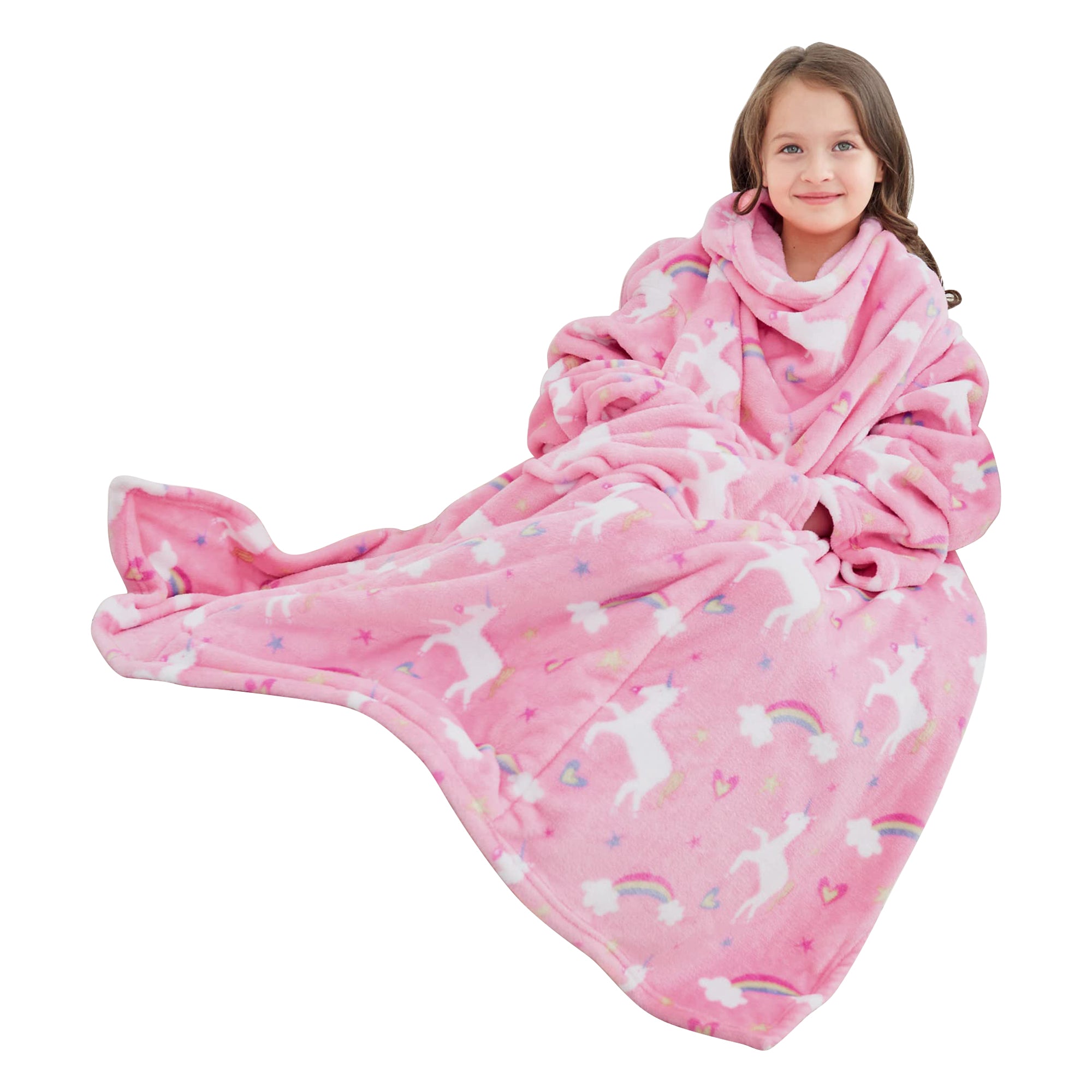 Unicorn Wearable Fleece Blanket with Sleeves & Foot Pocket for Kids