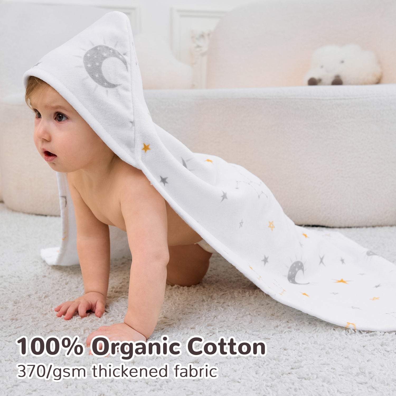 (Moon & Leaves) 2 Pack Cotton Hooded Baby Towels, Extra Thick and Absorbent, 32" * 32"