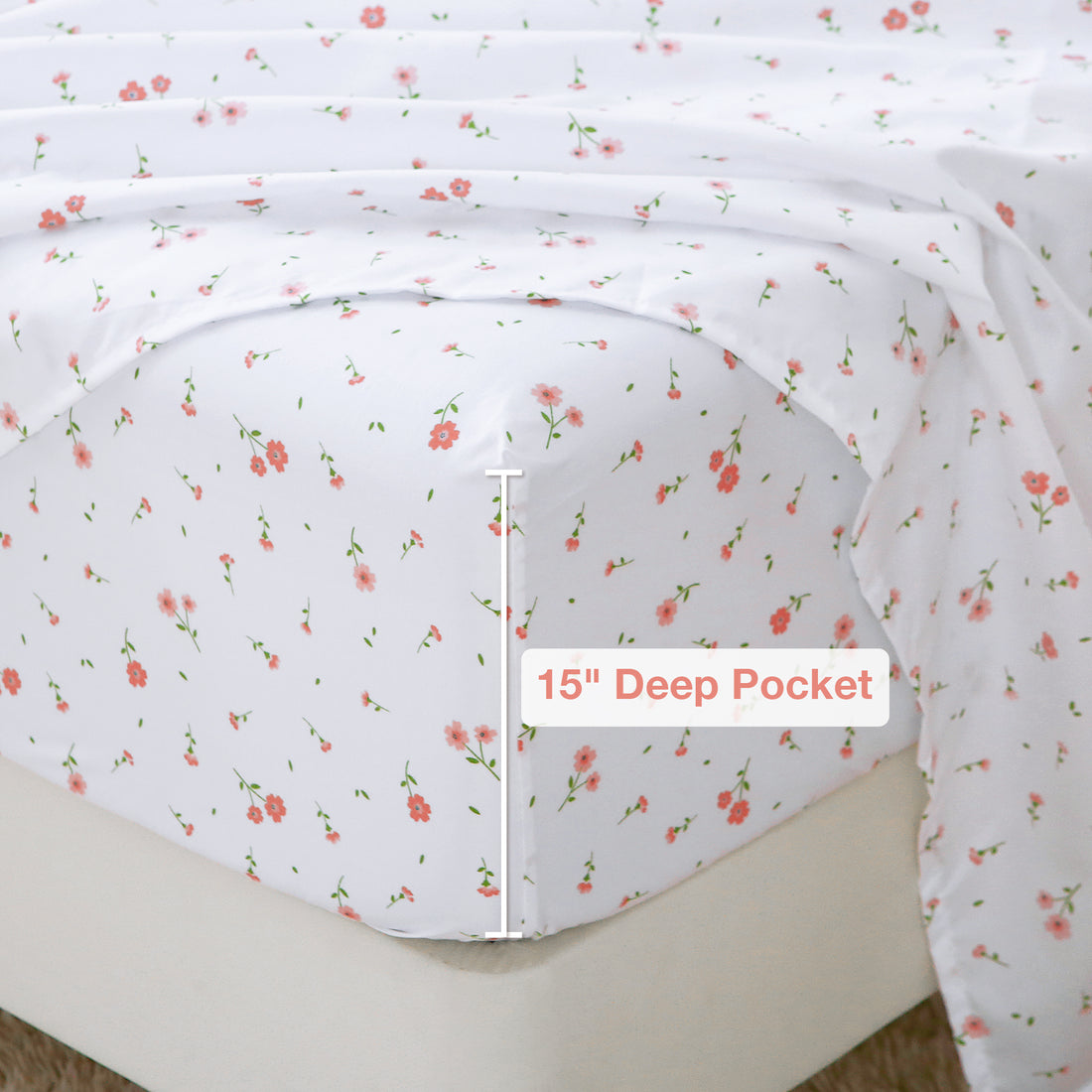 Pink Ditsy Blossom Bed Sheet Set Deep Pocket Double Brushed Microfiber